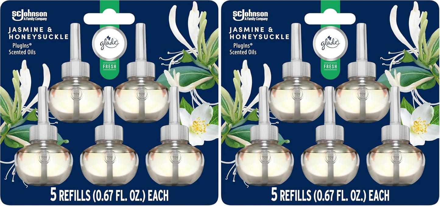 Glade PlugIns Refills Air Freshener, Jasmine & Honeysuckle, Scented and Essential Oils for Home and Bathroom, 0.67 Fl Oz, 5 Count