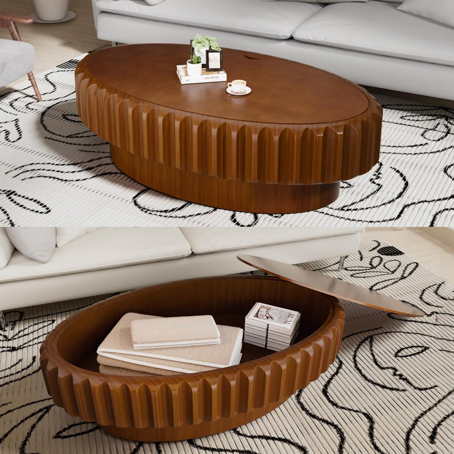 43.3" Oval Drum Coffee Table with Storage (B 43.3in) | Rustic Chic Fluted Center Table - Handcraft Solid Wood Veneer Edge | for Living Room Farmhouse