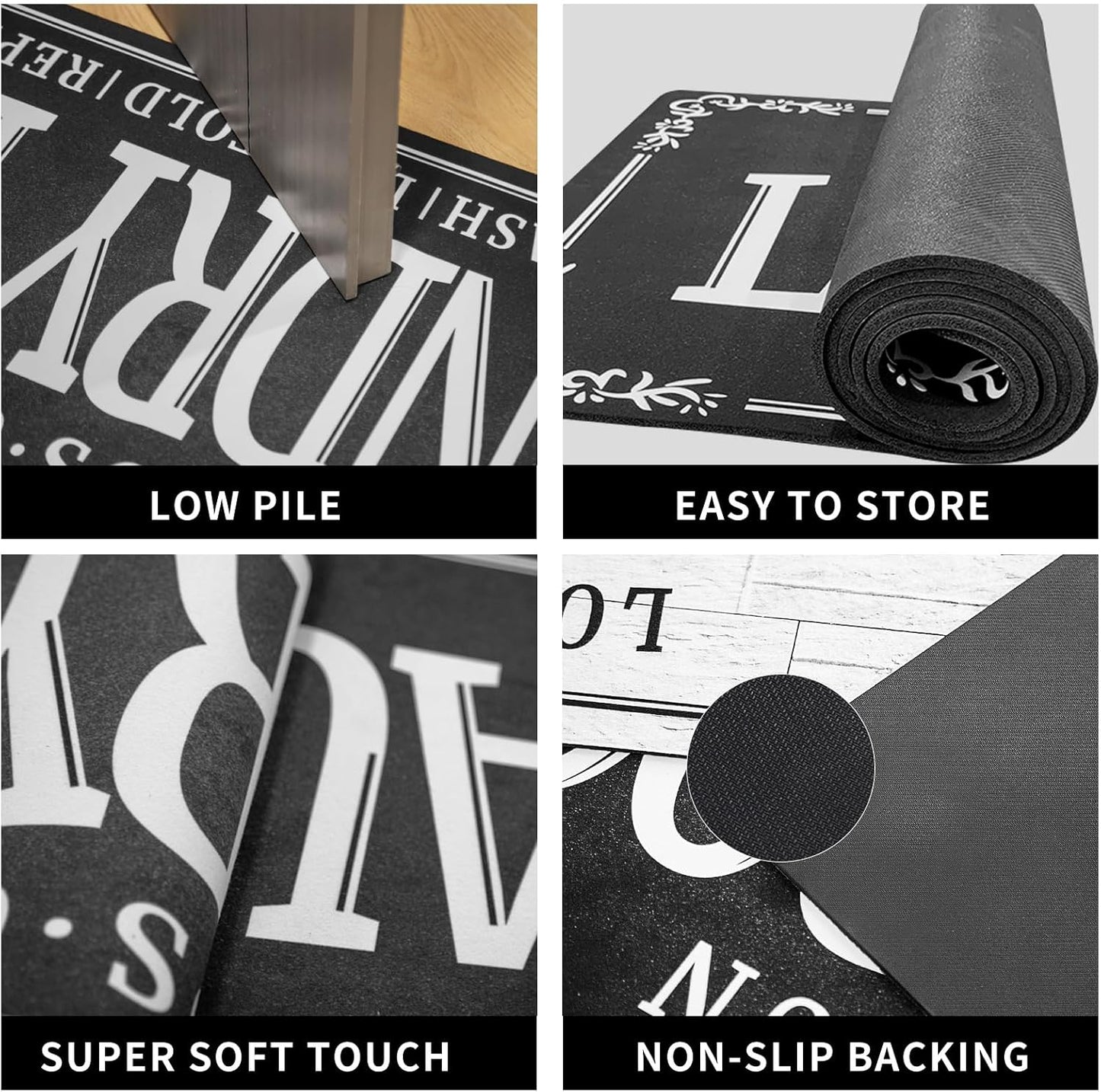 Non-Slip Rubberback Laundry Room Rug Runner 20''x47'' - Kitchen Farmhouse Decor Floor Laundry Mats for Mudroom and Bathroom Carpet Machine Washable Waterproof, Black