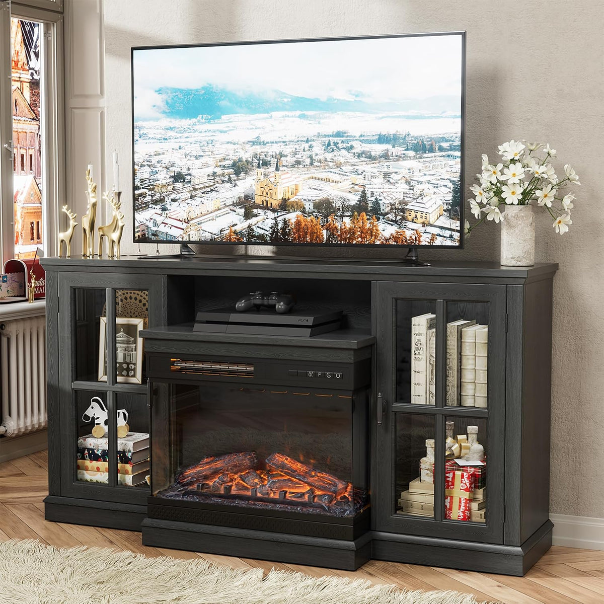 JUMMICO Fireplace TV Stand up to 65", 3-Sided Glass, Black | Entertainment Center with Cabinet Storage, Adjustable Flame and LED Colors, Media Console for Living Room
