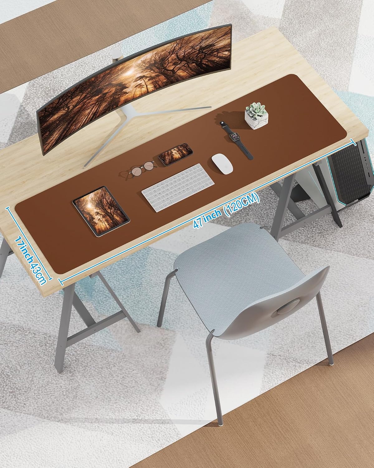 Large Desk pad mat,Mouse Pad,Office Desk Mat, Non-Slip PU Leather Desk Blotter,Large Desk mat,Waterproof Keyboard mat for Office/Home/Decor (Brown,48" x 17")