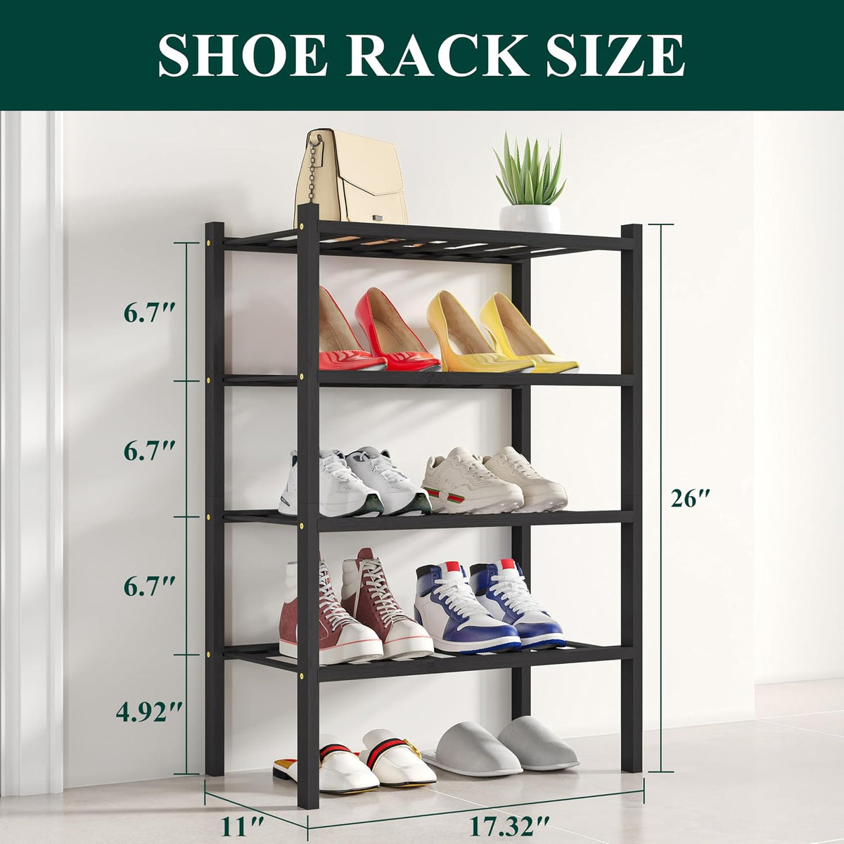 Smiry Bamboo Shoe Rack, 8 Vertical Slats, 4 Tier - 17.3" Wide, Black