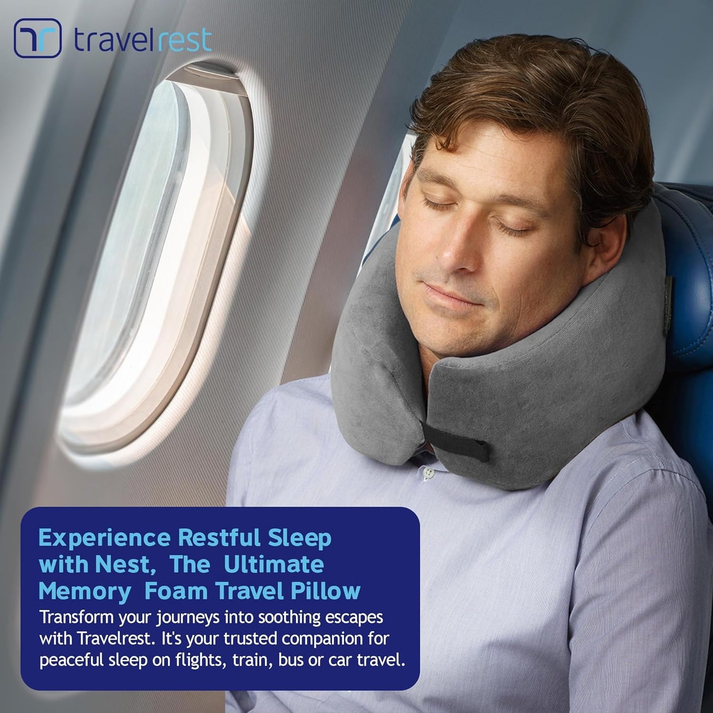 travelrest Sleep Neck Pillow Travel - Travel Essentials, Memory Foam, Neck Support Pillow for Long Flight, Plane Sleeping Accessories, Anti-Slip and Comfortable, Washable, Attaches to Luggage - Gray