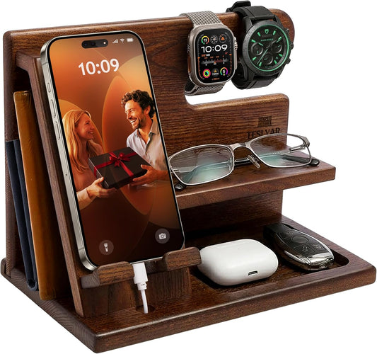 TESLYAR Wood Phone Docking Station for Men - Desktop or Nightstand Organizer - Birthday Gifts for Men, Dad - Anniversary Idea from Wife - Key Holder, Stand Wallet, Watch & Essentials (Bourbon Brown)