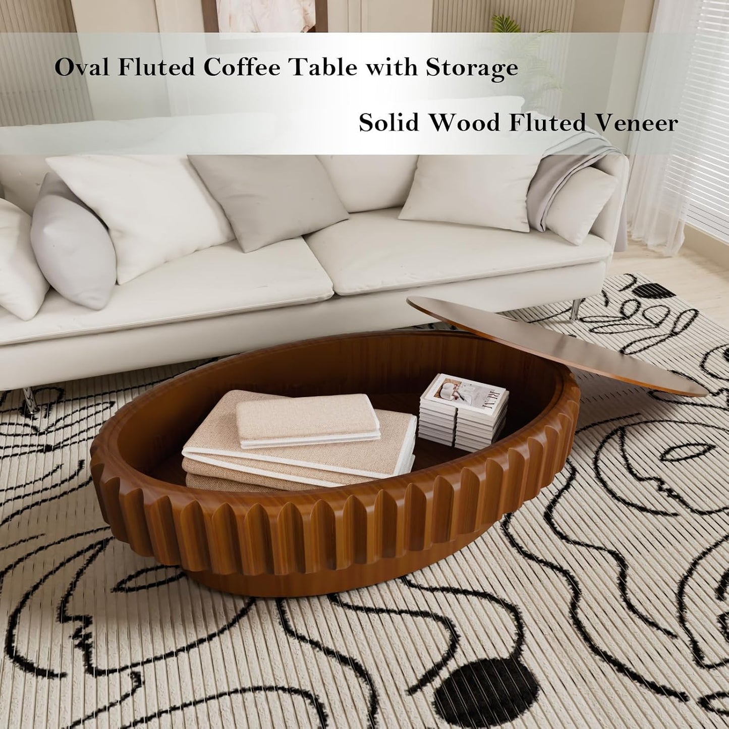 Chic Drum Coffee Table with Storage (D 43.3in) | 43.3" Rustic Oval Center Table - Solid Wood Fluted Veneer | Easy Assemble | for Living Room Apartment