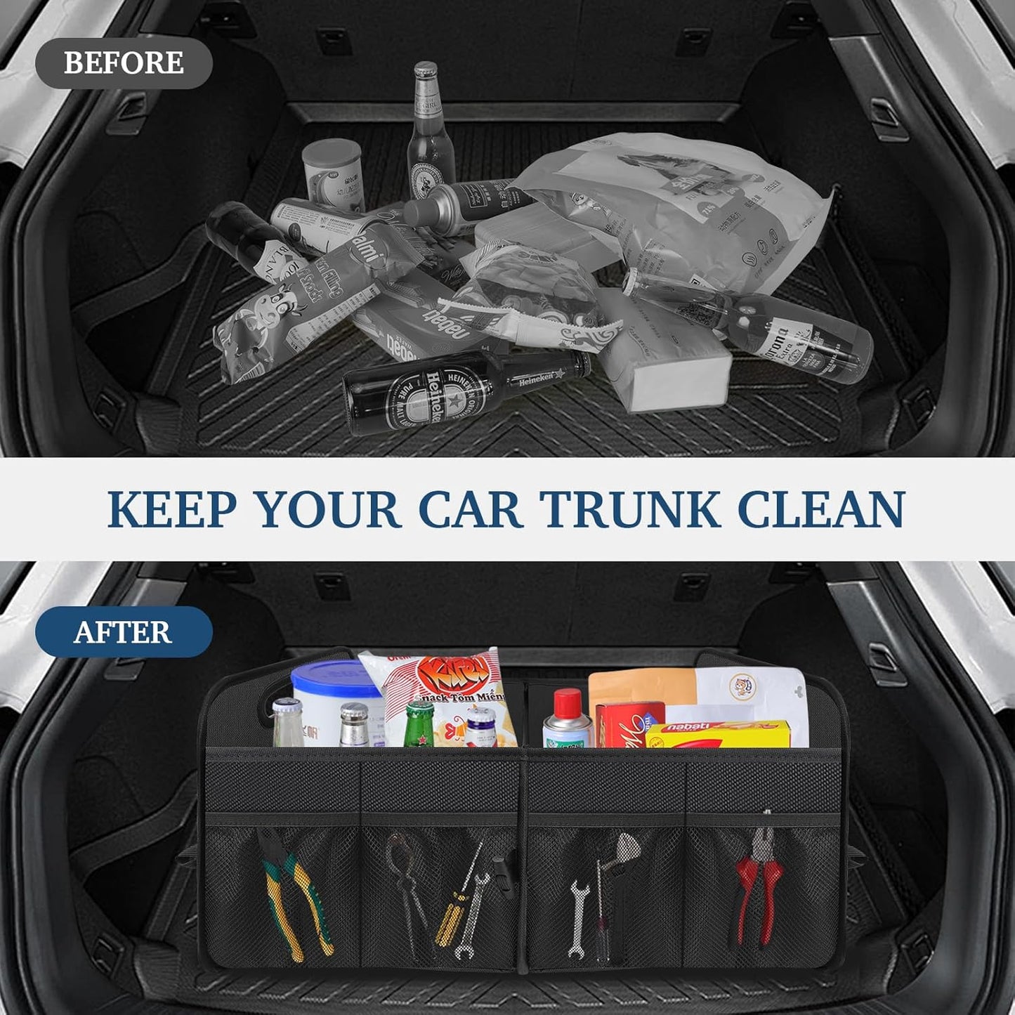 Femuar Car Trunk Organizer with Large Capacity Waterproof Car Accessories for Women & Men, Collapsible Trunk Organizer for Suv/Jeep/Sedan,Tools (Black, Standard)