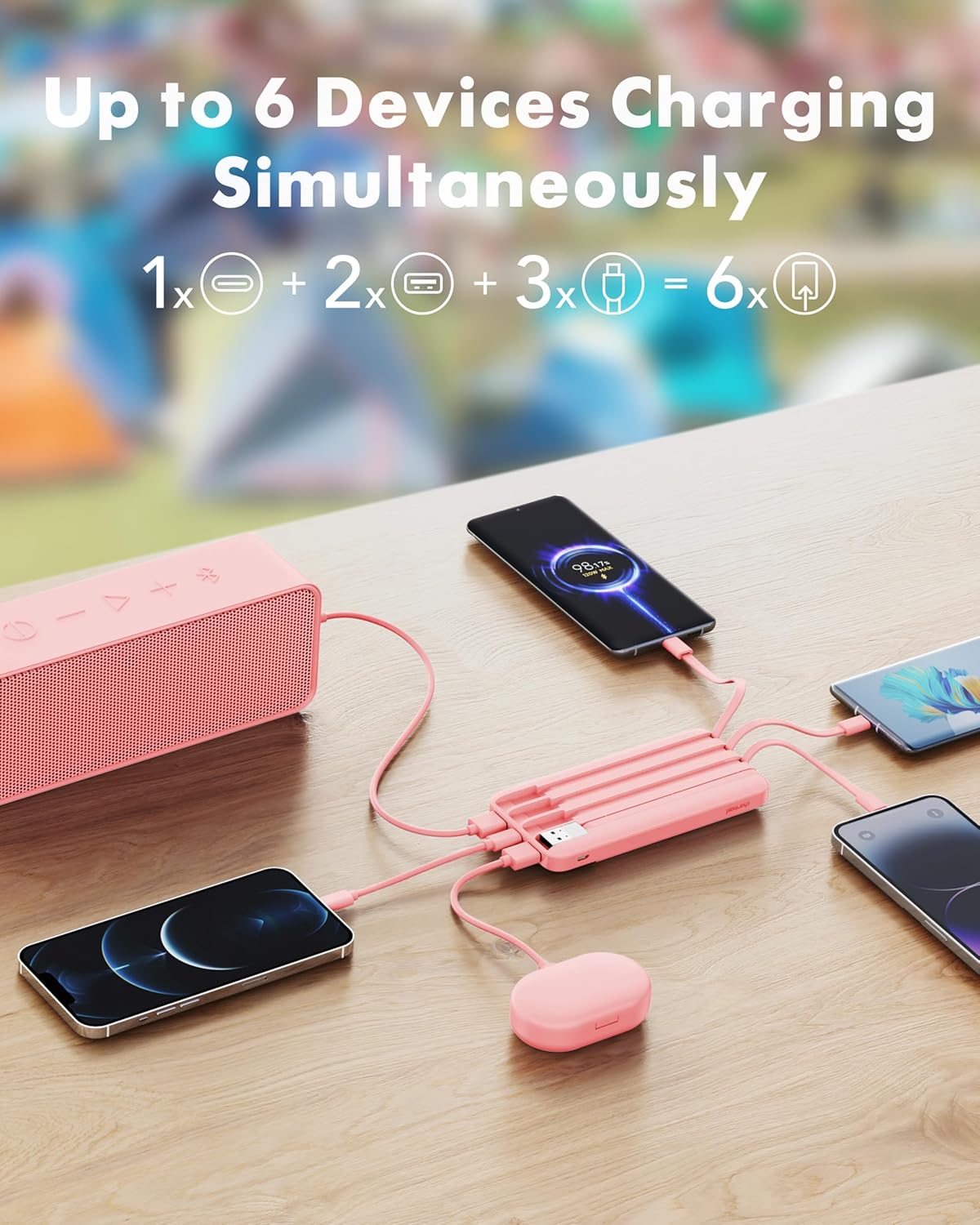 charmast Portable Charger with Reinforced Built-in 4 Cables,10000mAh Power Bank Travel Essentials 6 Outputs 3 Inputs 3A Fast Charging Compatible with iPhone iPad Samsung Google Pixel LG Moto