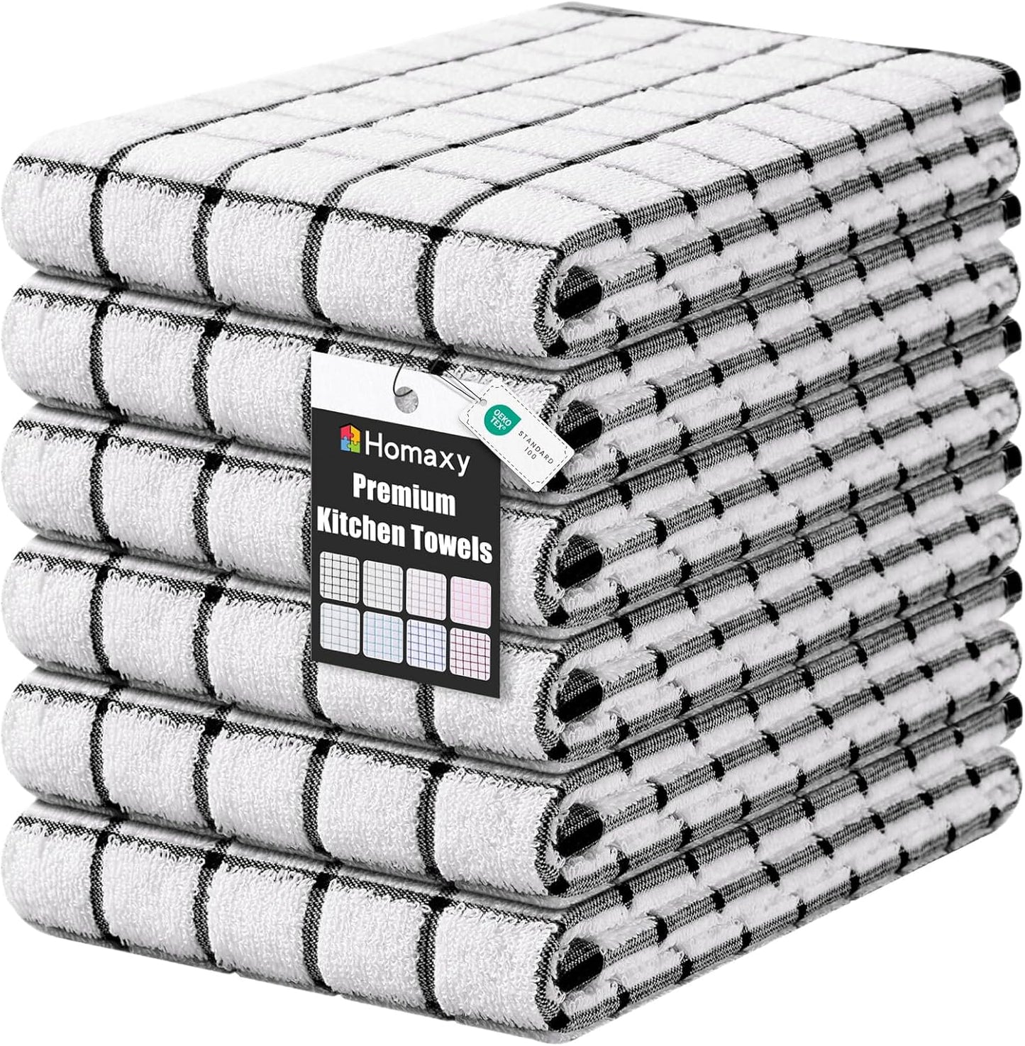 Homaxy Premium Kitchen Towels(16”x 28”, 6 Pack), Large Ring Spun Cotton Dish Towels, Super Absorbent Soft Terry Kitchen Hand Towels, Check Design Tea Towel Set with Hanging Loop, Black