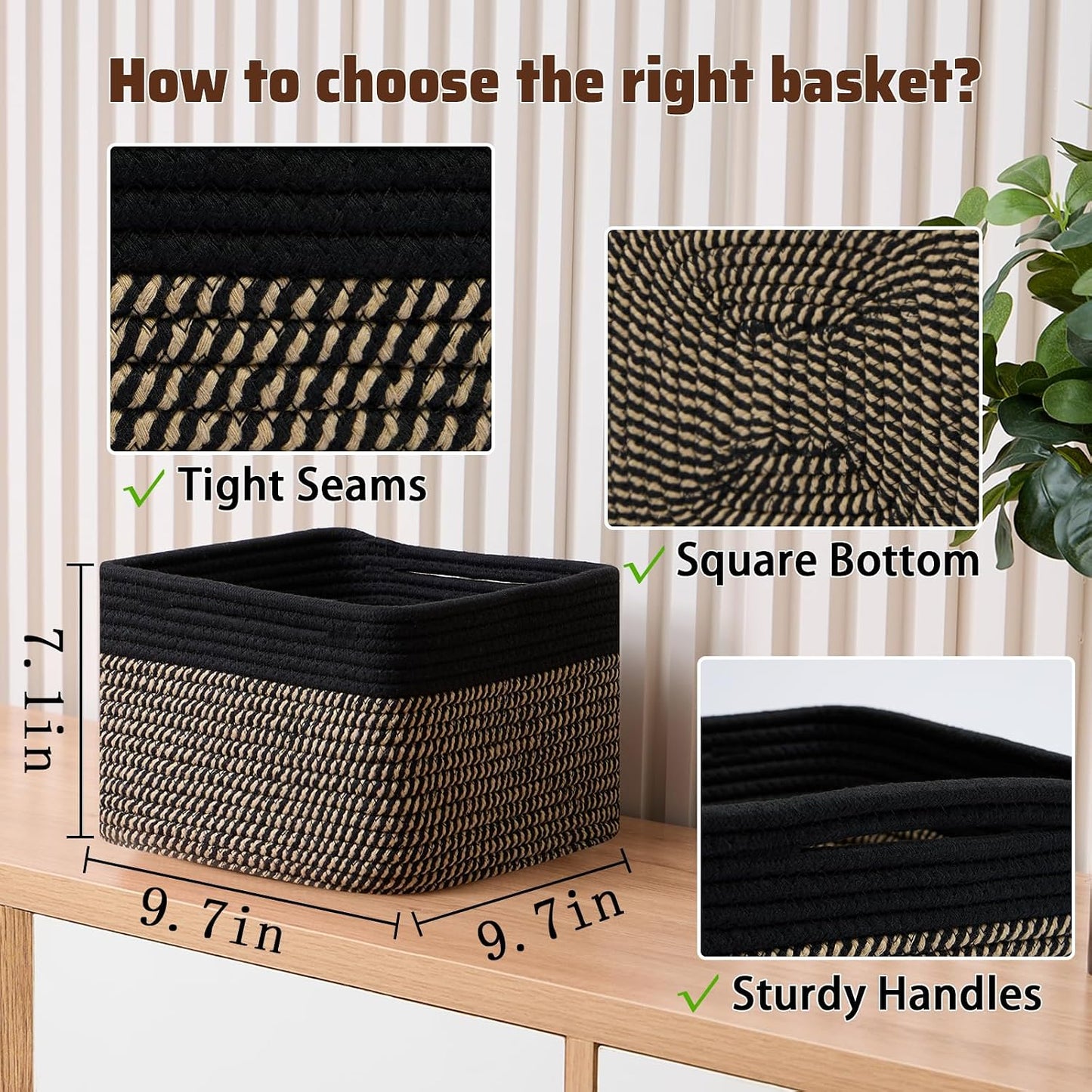 MiniArk Small Organizing Baskets for Cubes Shelf, 9.7x9.7x7.1 Inch Rope Woven Storage Bins for Nursery Shelves Storage, Cute Toy Basket, Square 3 Packs Black Brown