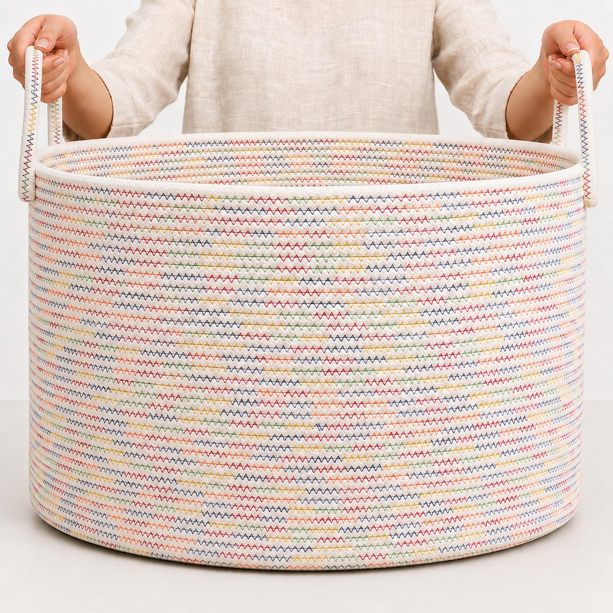 OrganiHaus Round Toy Basket & Blanket Basket, Cotton Rope 20x13" | Stitches Rainbow - Round Cotton Rope Basket, 20x13"