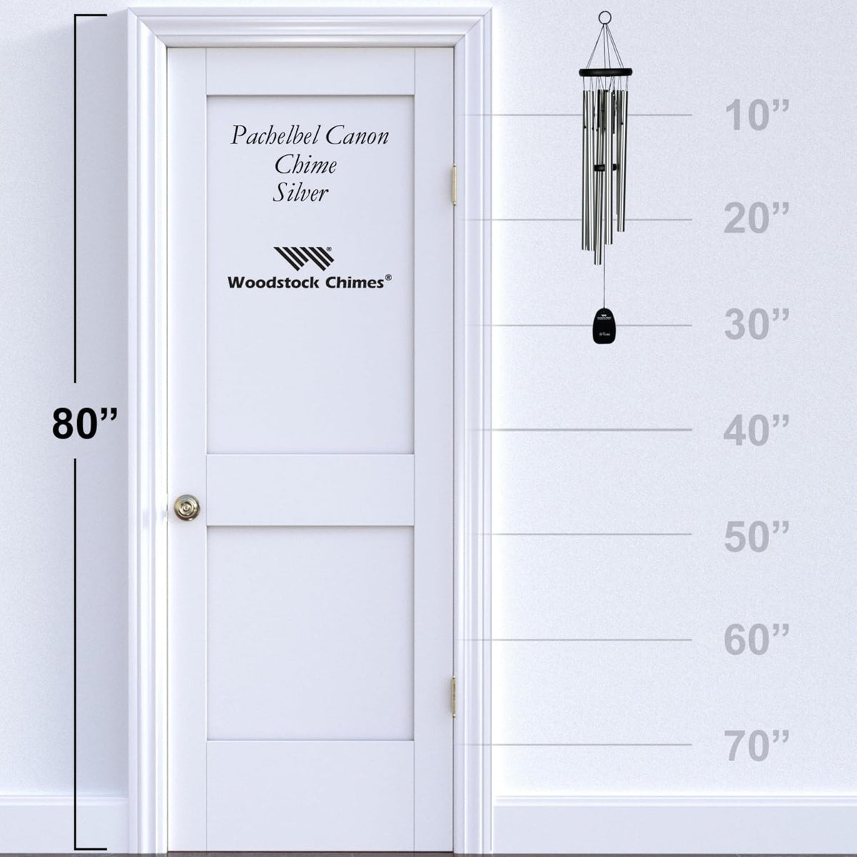 Woodstock Wind Chimes Pachelbel's Canon in D, Silver Aluminum Tubes, Medium 32 - Inch, Deep Toned Windchime for Outdoor Decor for Garden, Patio, Porch