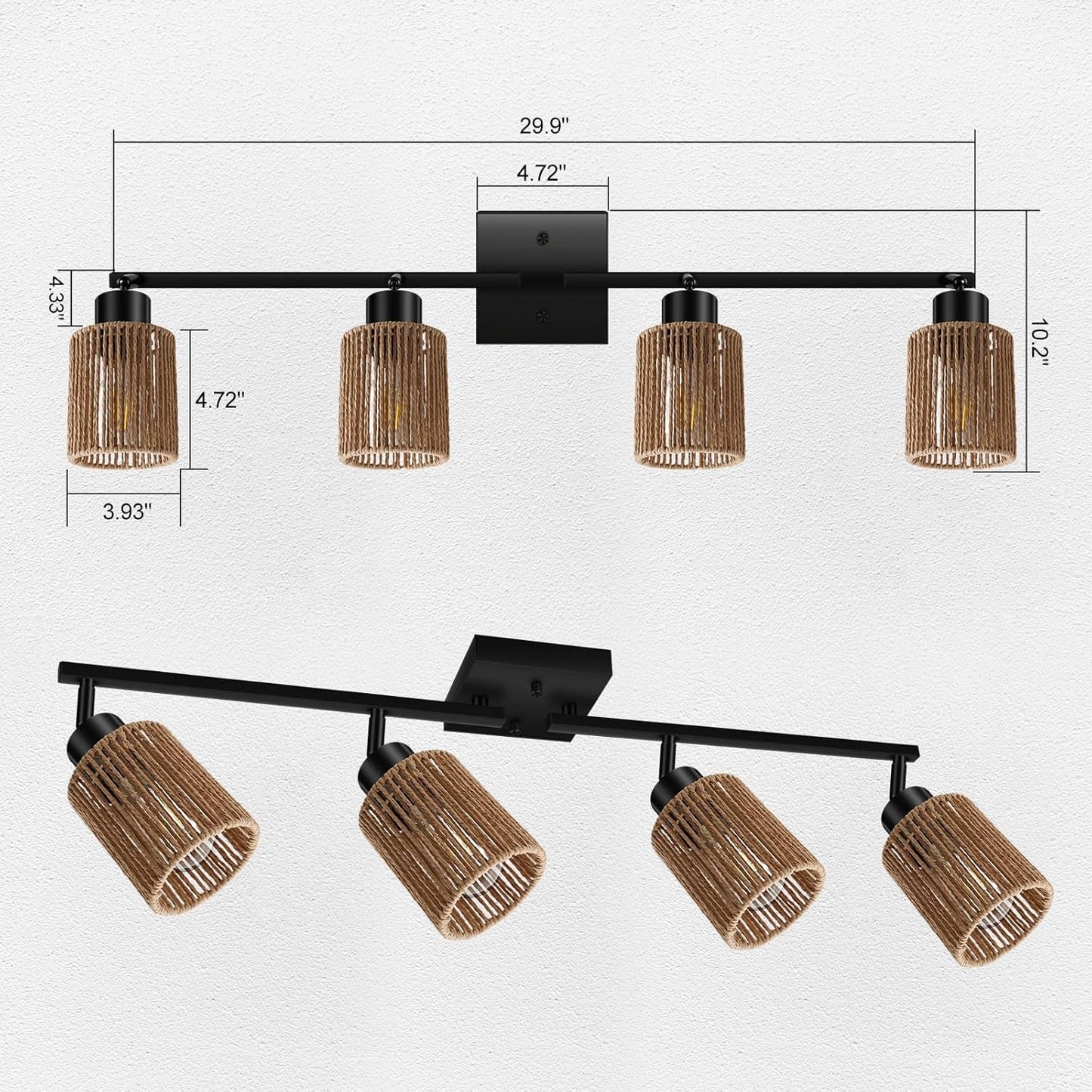 BoostArea 4 Light Track Lighting Kit, 4 Way Ceiling Spot Lighting with Handwoven Hemp Rope Lampshade, Flexibly Rotatable Light Head for Kitchen, Living Room, Bedroom, Bulb Not Included