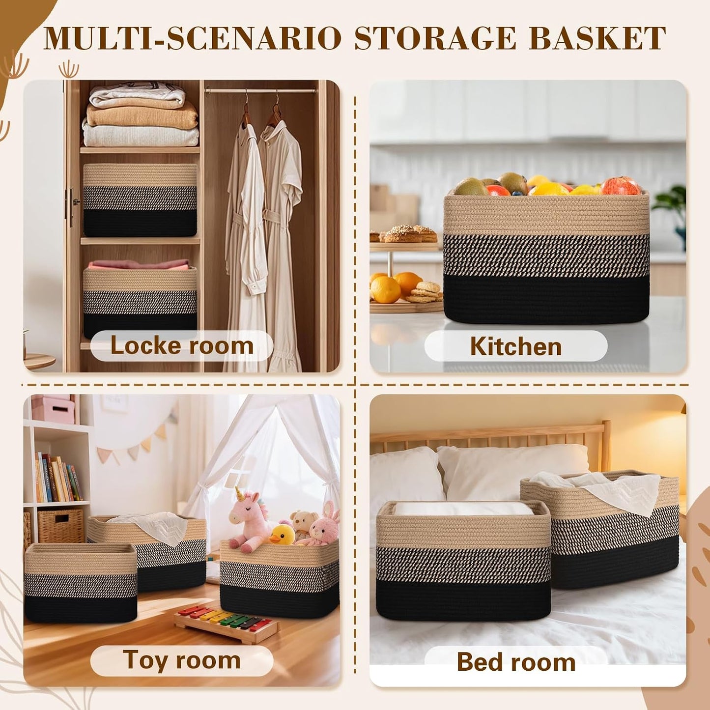 Baskets for Organizing, Storage Baskets, 3 Pack Baskets for Shelfves, 15"×10"×9" Woven Basket, toy storage bins, bins for organization