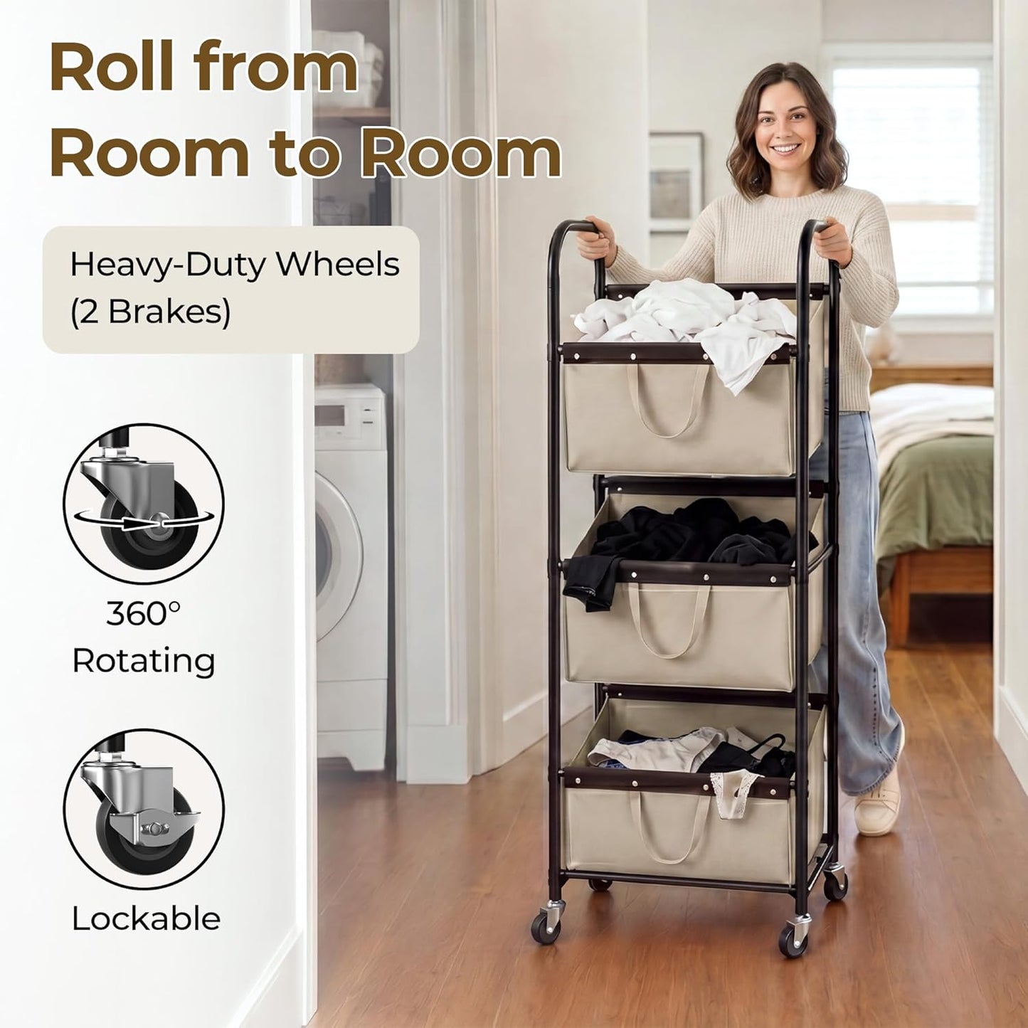 GRANNY SAYS 3 Section Tiered Laundry Sorter, Slim Vertical Laundry Hamper with Wheels, Narrow Rolling Laundry Cart with Removable Bags for Laundry Room, Bathroom, Closet, Dorm, Light Khaki