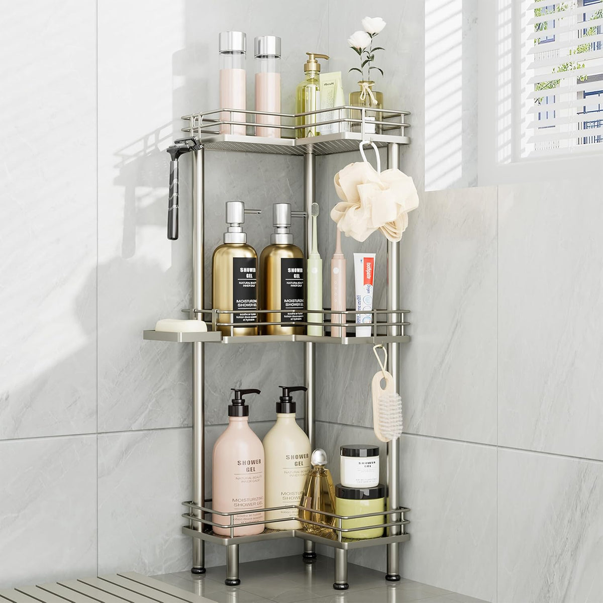 Consumest Corner Shower Caddy Standing - 3-Tier Stainless Steel Shower Organizer with Soap Holder and 4 Hooks, Large Capacity Corner Shelf Stand for Bathroom, Rest Room, White