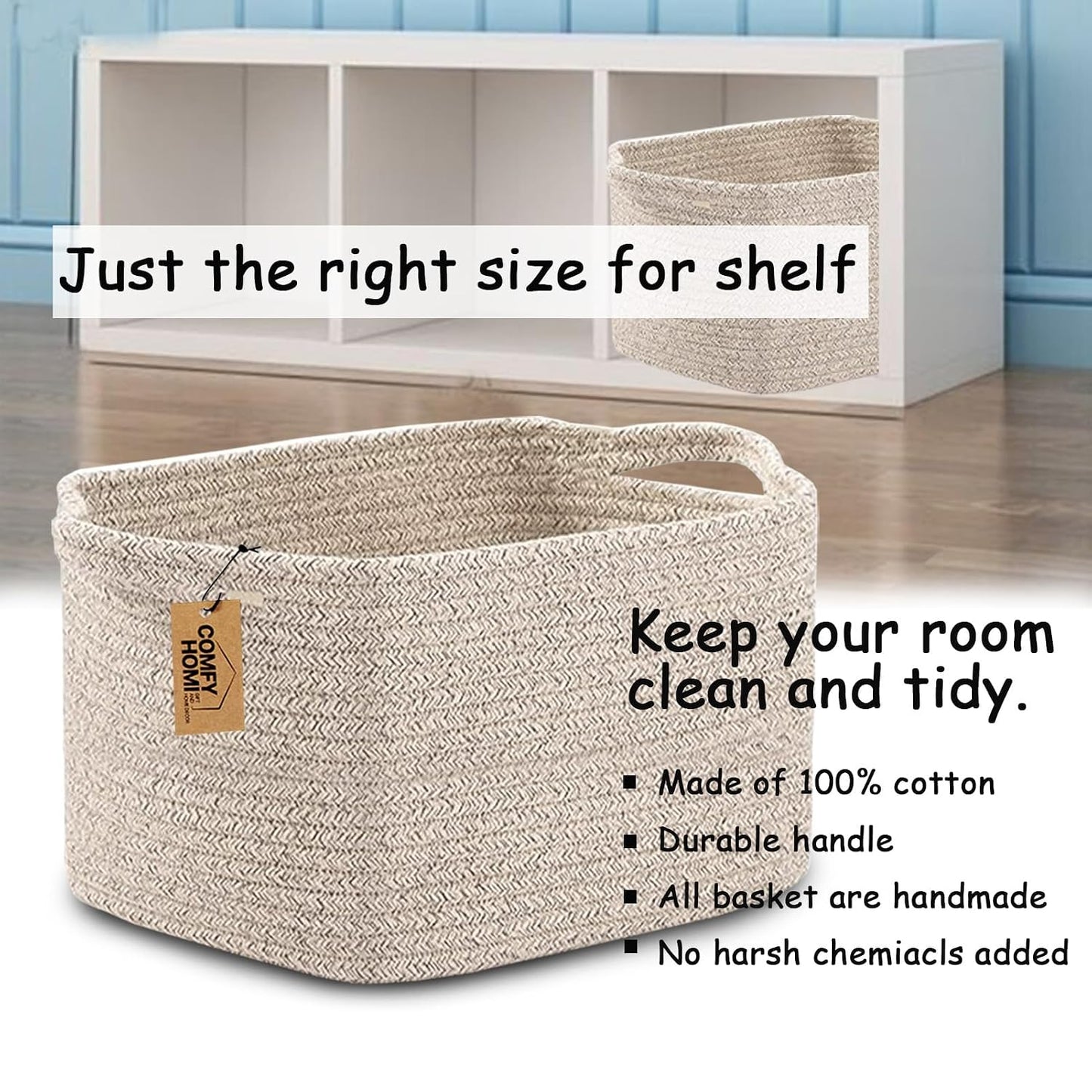 COMFY-HOMI Cotton Rope Woven Basket with Handles for Shelves,Toys,Book, Cloth Storage Baskets Bin for Organizing- 1 PCSToy Decorative Organizer for Living Room, Bathroom