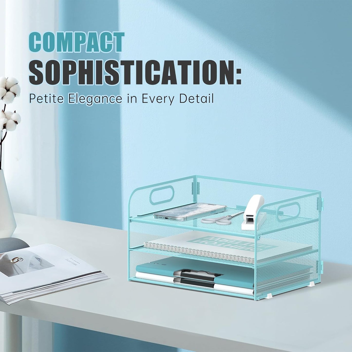 DALTACK 3 Tier Paper Organizer with Handle, Mesh Metal Desk Organizer with Sliding Paper Trays for Letter/A4 Paper, Mail, Bills & Folders, Blue