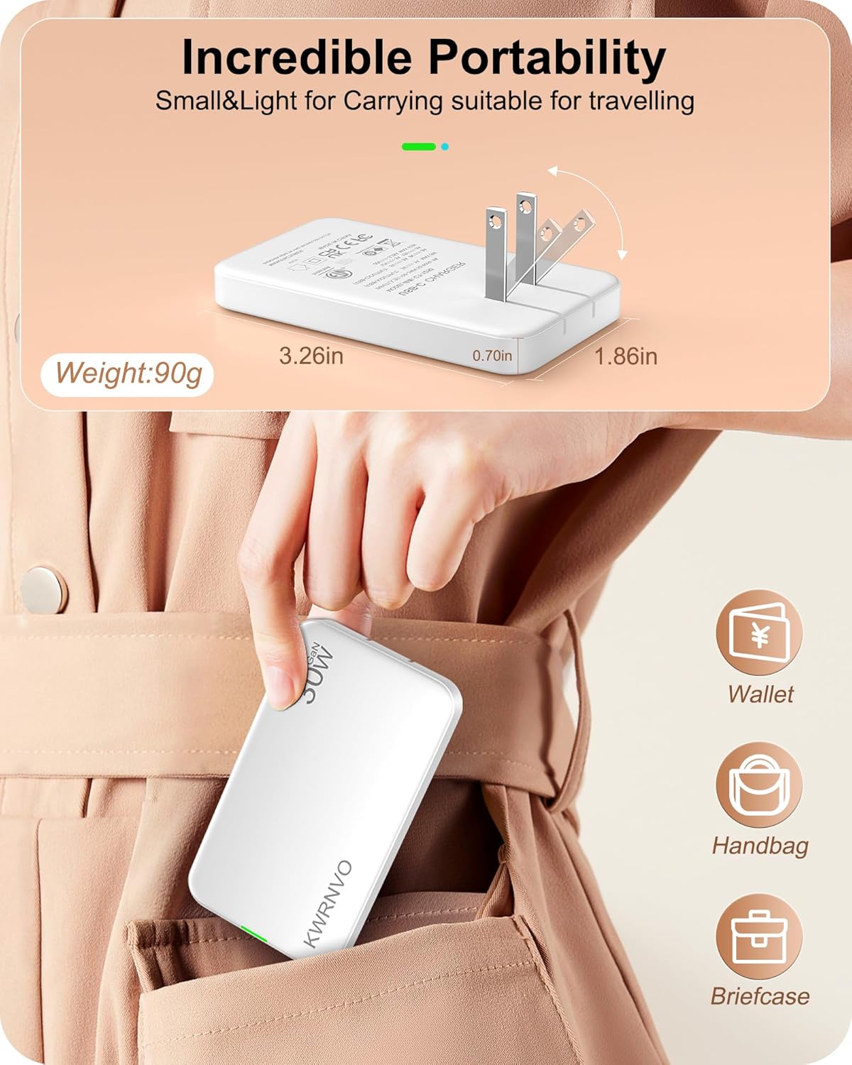 Ultra-Slim Flat USB Wall Charger for Phones & Tablets 30W GaN 3-Port Fast Charging with 2 Type-C & 1USB-A Port for iPhone 16/15/14/13/12/11/Pro Max/XS/XR/8/7 White