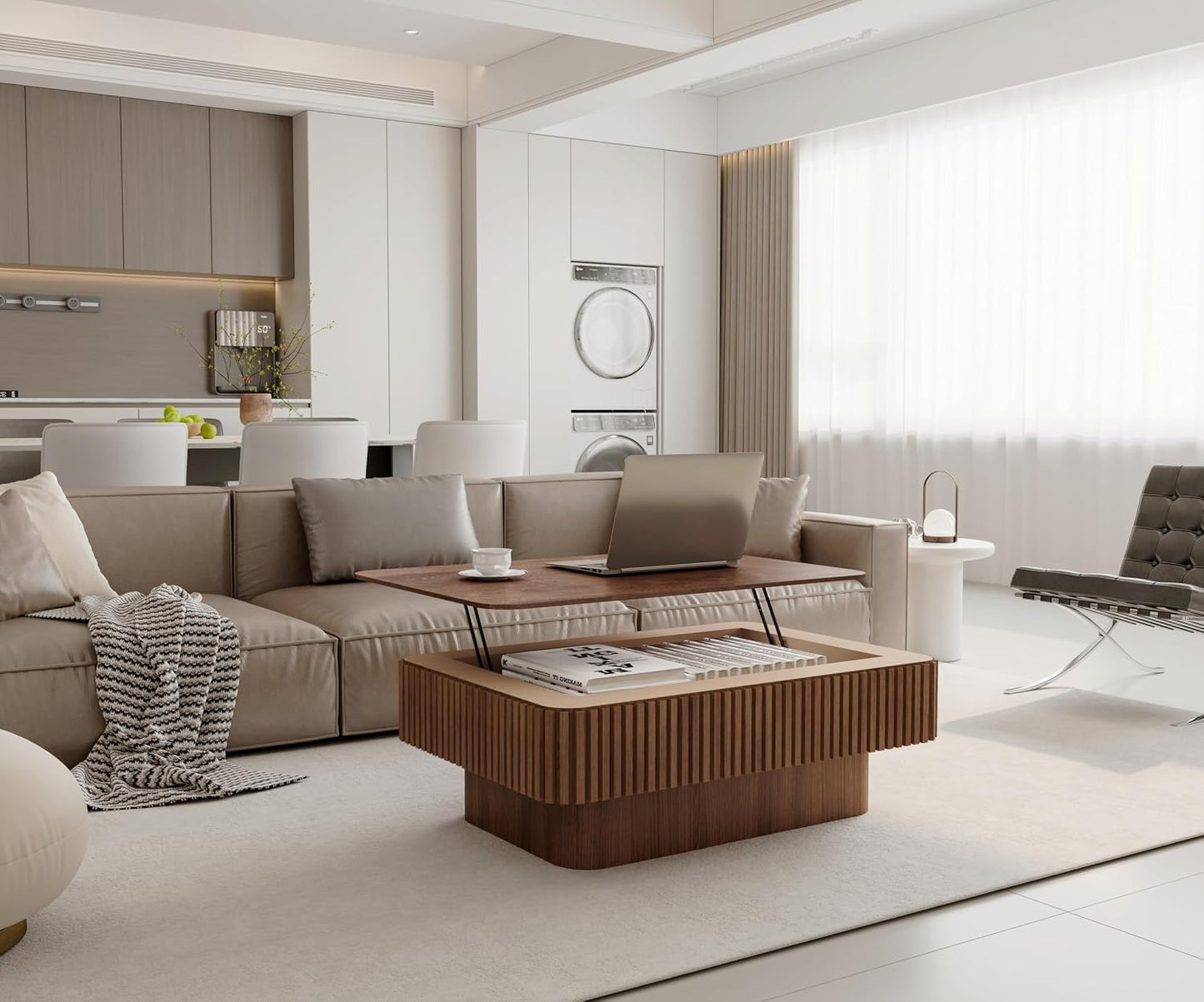 38.6'' Lift Top Coffee Table with Hidden Compartment, Modern Rectangular Fluted Wooden Center Table Cocktail Tea Table with Storage and Adjustable Height for Living Room Apartment, Walnut