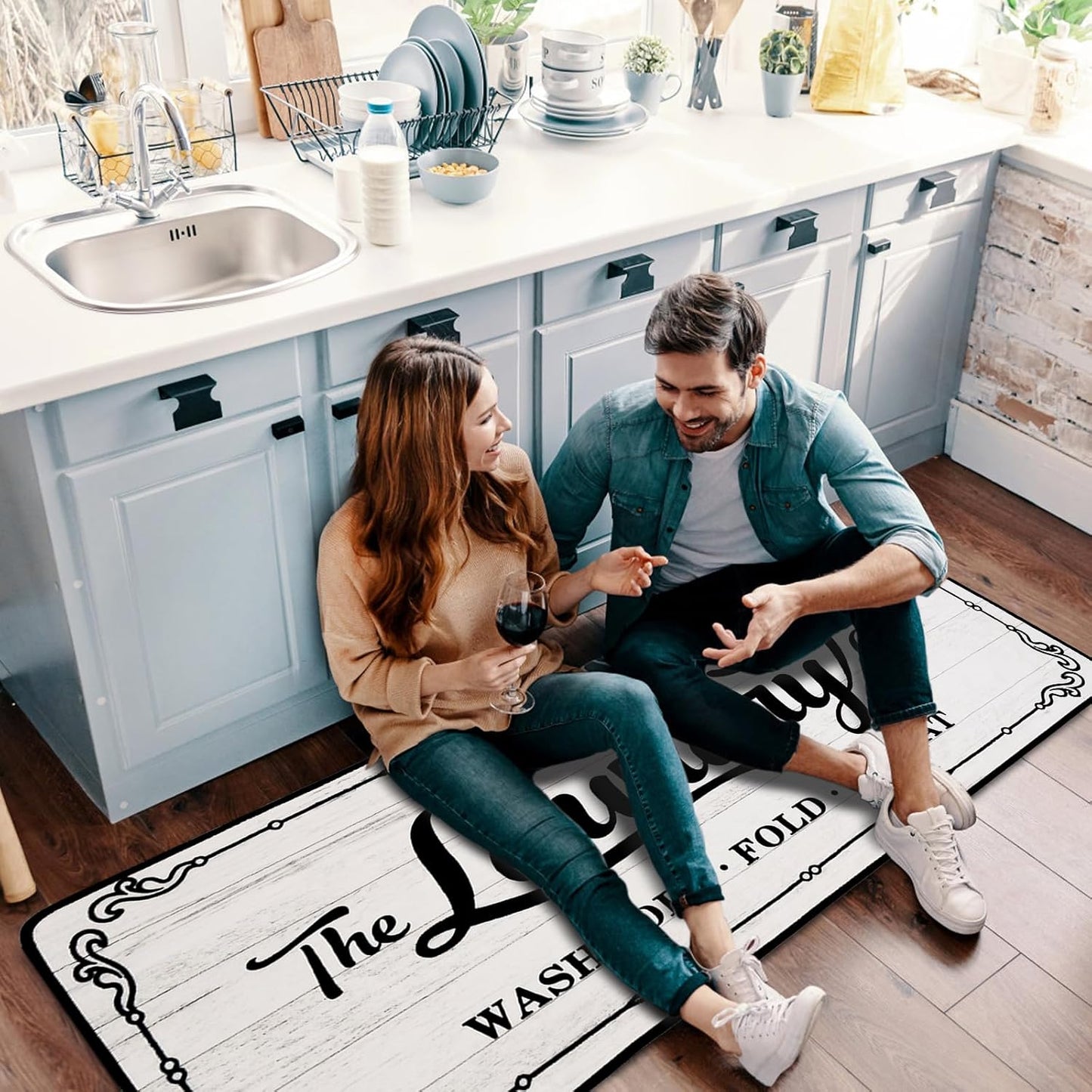 Laundry Room Rug Runner 20"X49" TPR Non Slip Farmhouse Laundry Rugs for Laundry Room Decor Washable Runner Rugs for Kitchen Floor Mudroom and Bathroom-White