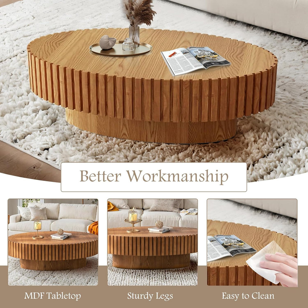 43.3" Oval Wood Coffee Table,Wood Color