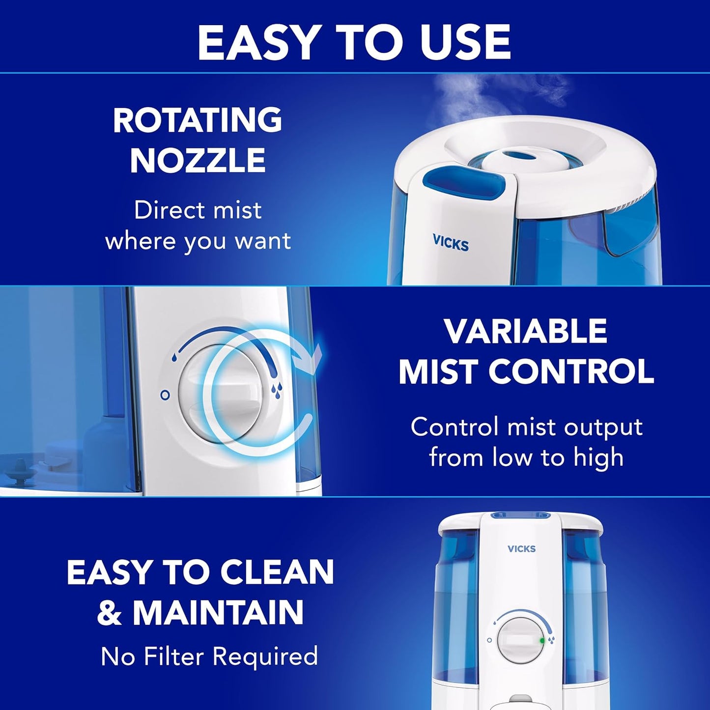 Vicks CoolRelief Cool Mist Humidifier Small to Medium Room Vaporizer for Baby, Kids, Adults, 1.2 Gal