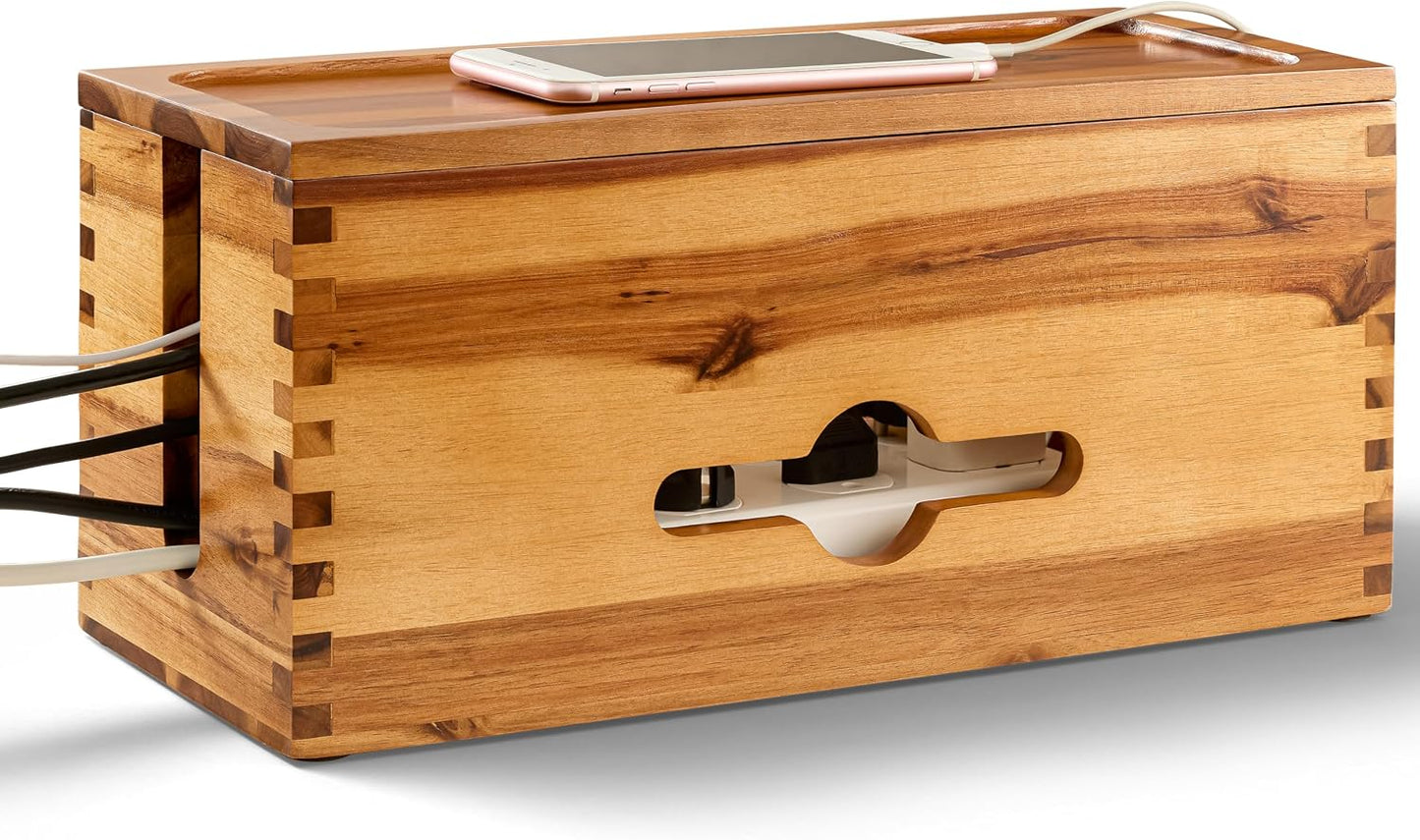TIDITA Acacia Large Cable Management Box - 15" L Cord Box Hider, Power Strip Box for Office - Cable Hider Box, Surge Protector Box - Wire Box Hider for Desk - 3 Open Slots, Magnetic Lid (Walnut color)