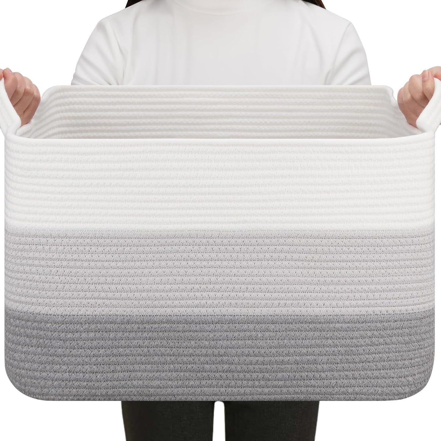 OIAHOMY Rectangle Woven Storage Basket - Nursery Cotton Rope Baskets for Storage, Toy Basket Organizing for Living Room, 17.7"x13.8"x11"- Pack of 3 - Gradient Gray