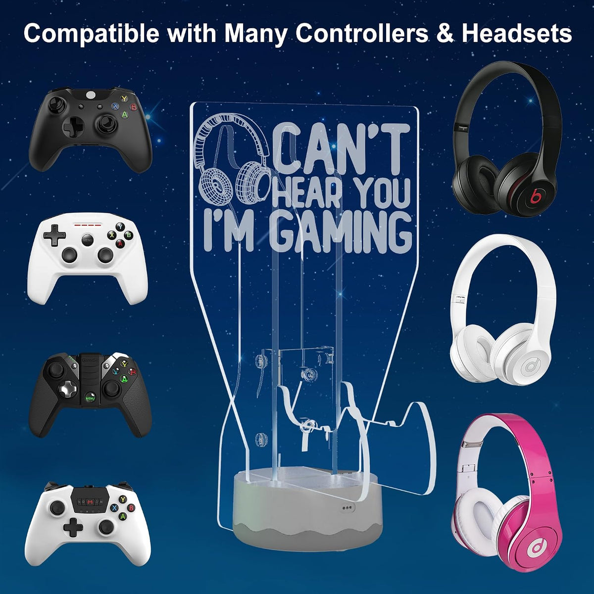 CoolGift Mart Light Up Headset and Controller Stand, 16 Colors 3D LED Lights Gamepad Headphone Holder with Remote Control, Game Controller Hanger for All Universal Gaming PC Accessories