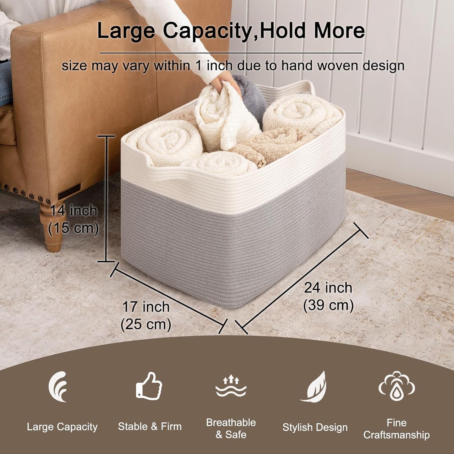 OIAHOMY Extra Large Blanket Basket, 95L Cotton Rope Woven Laundry Basket, Toy Bin for Baby Room, Container for Blanket Storage in Living Room, 24''×17''×14'', Grey & White