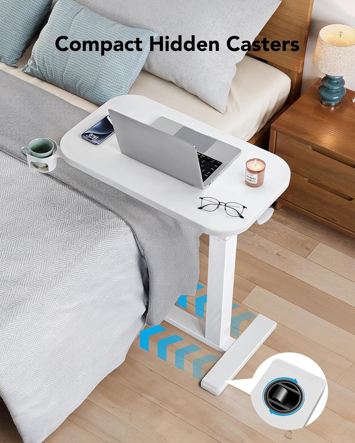 HUANUO 32Inch Bedside Table with Wheels, Height-Adjustable Rolling Computer Cart, Overbed Table with Cup Holder, Pneumatic Laptop Standing Desk for Home Office, White