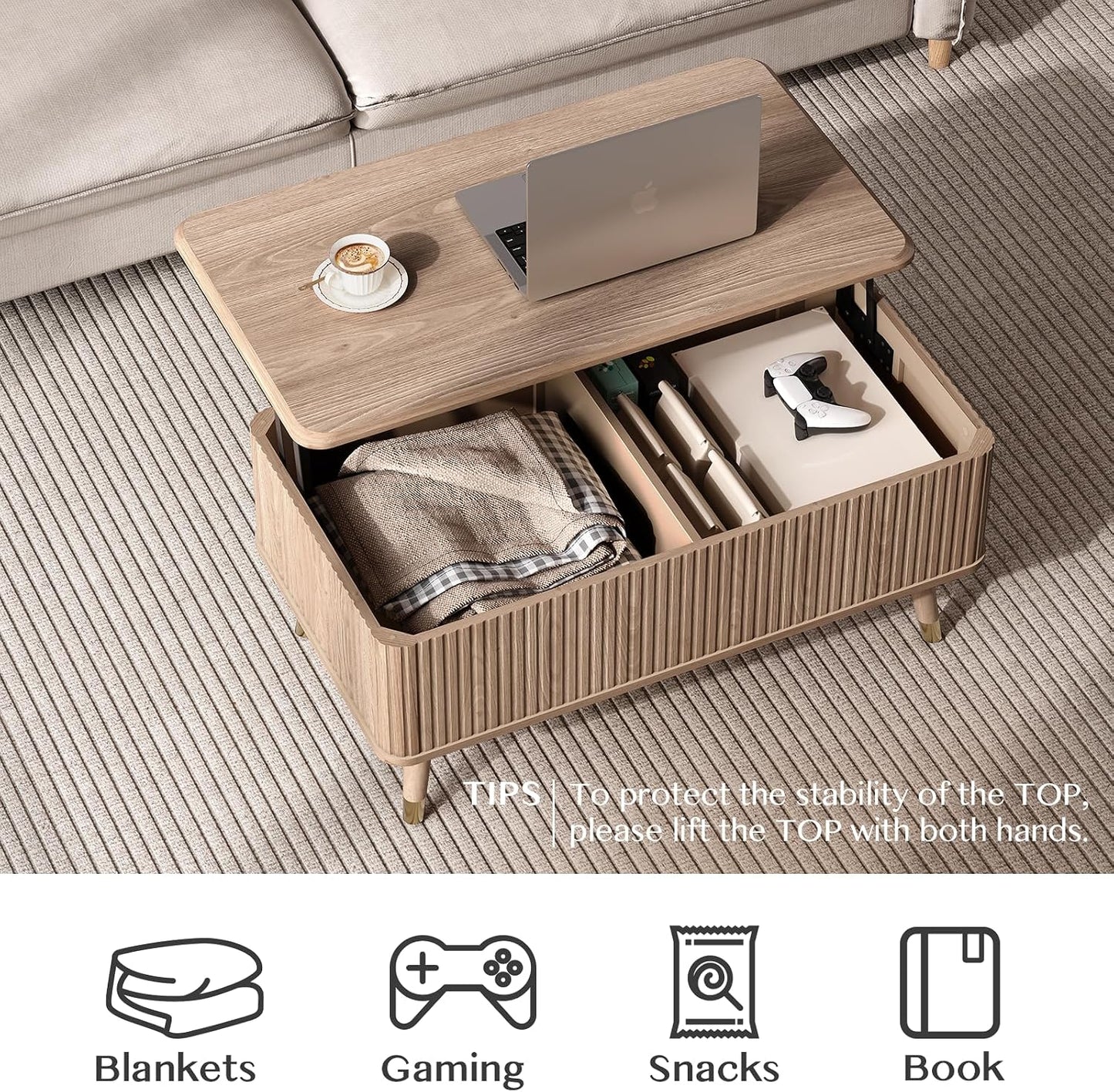JOINICE Lift Top Coffee Table with Storage, Mid Century Modern Rectangular Center Table, Fluted Design with Hidden Compartment, Rising Desk for Work from Home, Living Room Furniture, Oak Finish