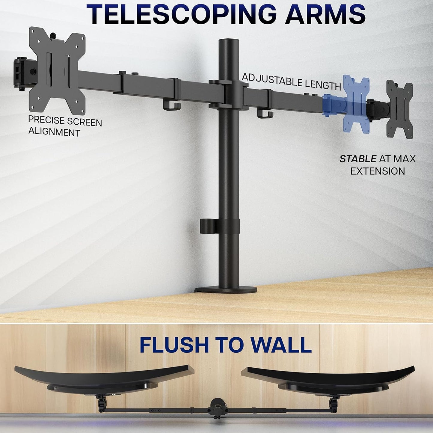 VIVO Premium Dual Ultra Wide LCD LED 27 to 38 inch Monitor Desk Mount, Heavy Duty, Adjustable Telescoping Arms, Flush Wall Setup, Fits 2 Screens, Black, STAND-TS38C