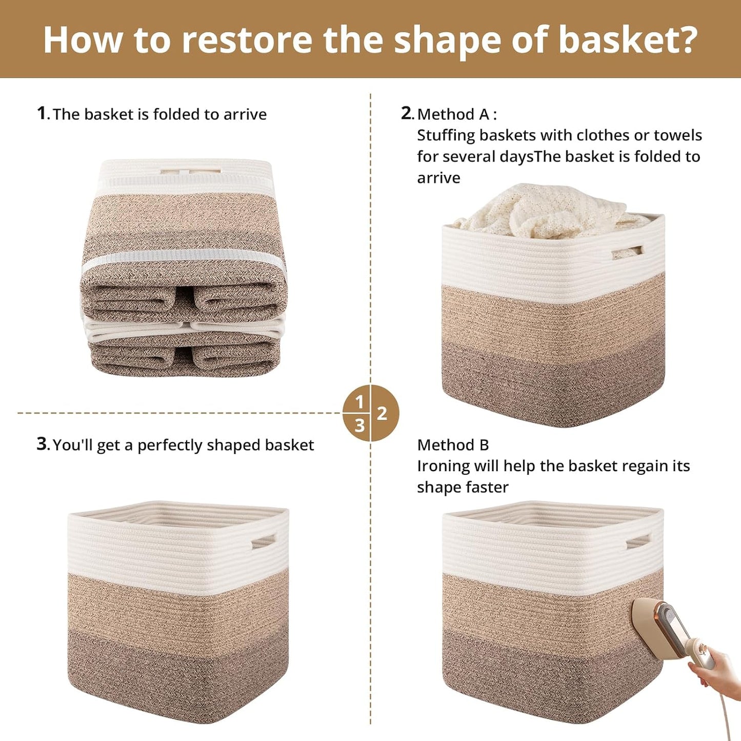 OIAHOMY 13 Inch Cube Storage Bins, 3-Pack Cotton Rope Woven Baskets for Organizing, Insert Storage Baskets for Shelves, Baby Nursery, Closet Organizer, 13 * 13 * 12.6IN, Gradient Brown