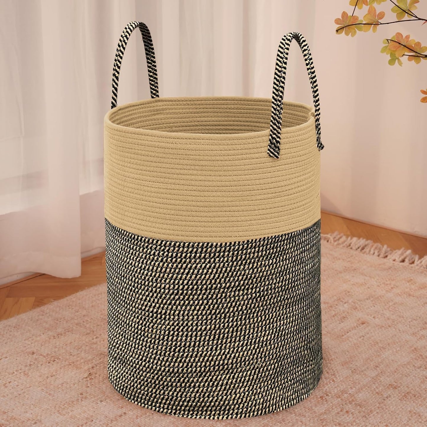 JMvicyroam Large Woven Laundry Basket Hamper,60L Cotton Rope Storage Bin for Blankets,Toys and Clothes,Decorative Tall Nursery Hamper for Living Room,Baby Nursery,Bathroom and Bedroom,Brown and Black