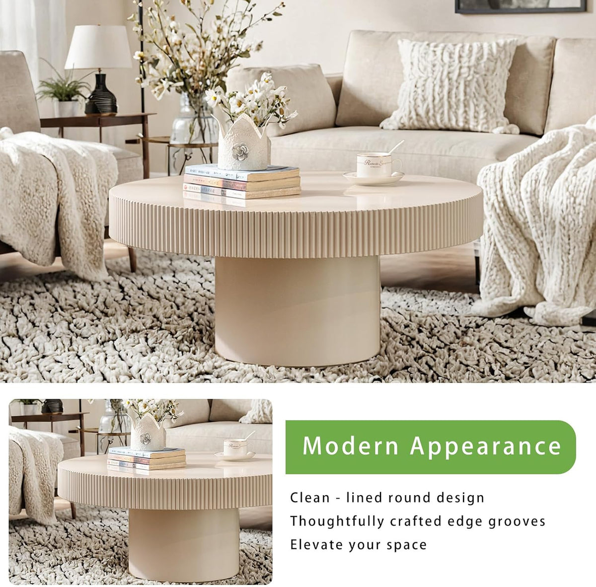 Modern Round Coffee Table for Living Room (Ivory White Thin)