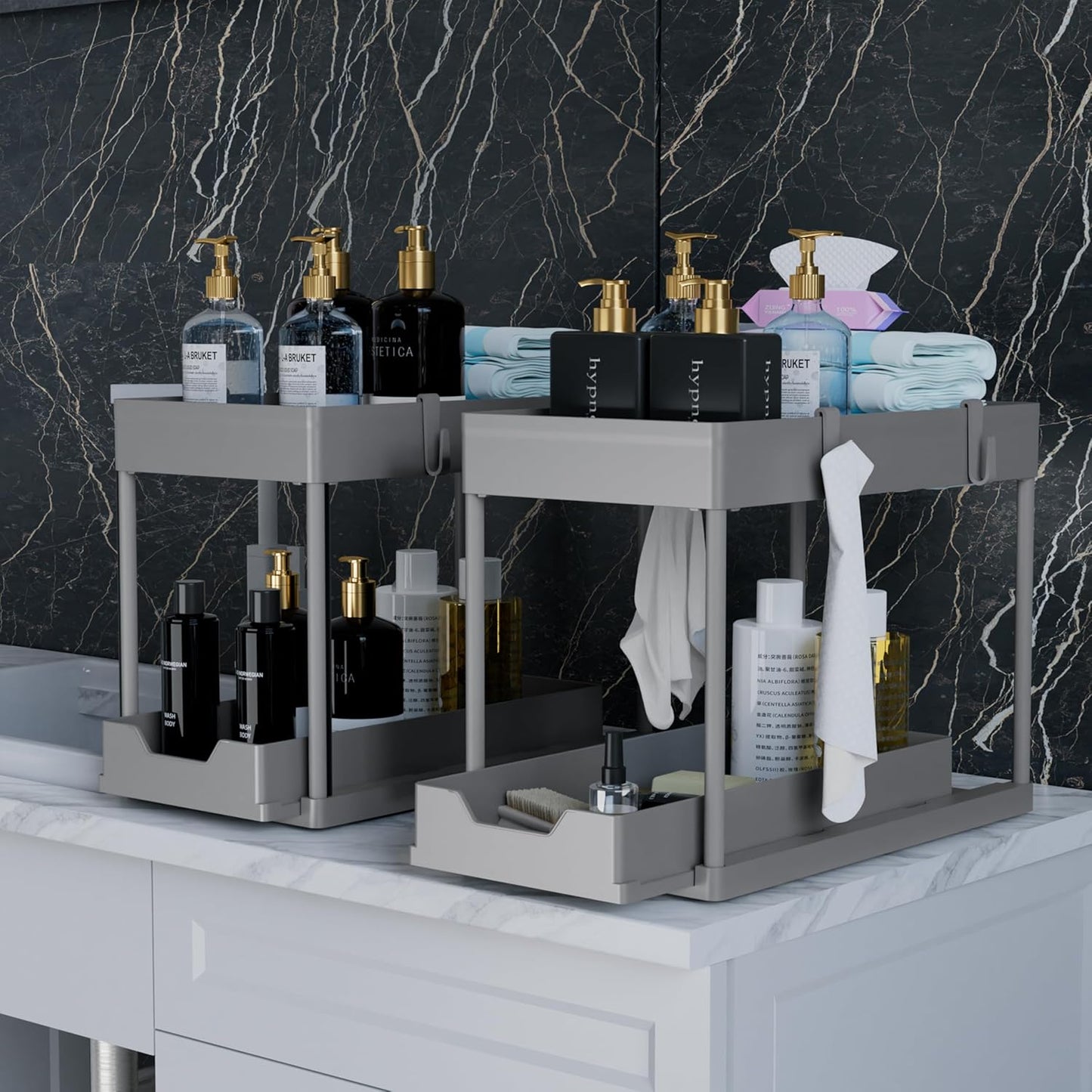 DEKAVA Under Sink Organizer 2 Pack，Bathroom Cabinet Organizer，2 Tier Sliding Cabinet Basket Organizer Drawer, Multi-Purpose Bath Collection Baskets for Bathroom (Grey)