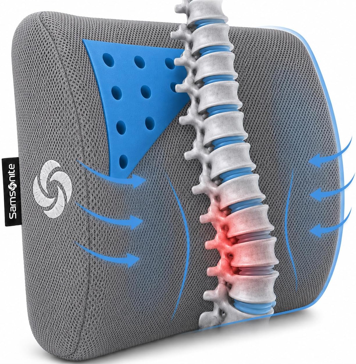 Samsonite Cooling Memory Foam Lumbar Support Pillow for Office Chair, Gaming Chair & Car Seat Automotive Ergonomic Back Cushion, Home Office Essentials, Sitting Comfort and Posture Relief Back Support