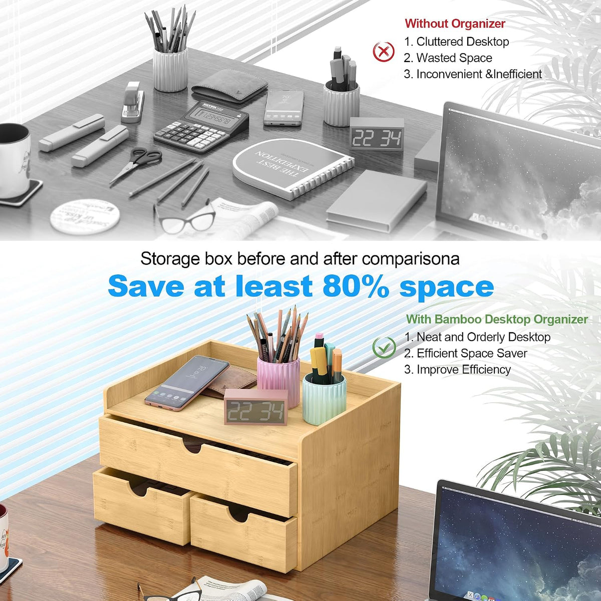Bamboo Desk Drawer Organizer, Large Desktop Organizer with Drawers Tabletop Storage Organization Box for Office Home Toiletries Supplies Vanity, No Assembly Required (3 Drawer with Shelf)