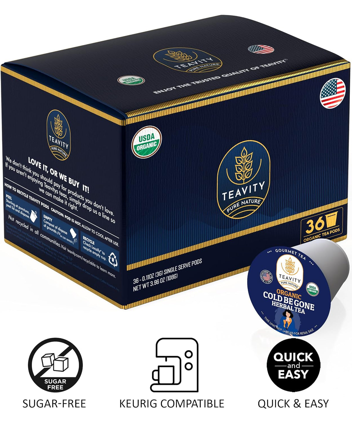 Organic Rooibos Tea Pods for Keurig with Lemon, Mint, Licorice - Unsweetened Decaf Tea for K Cup Brewing - Cold- Be-Gone by Teavity (24 Tea Pods)