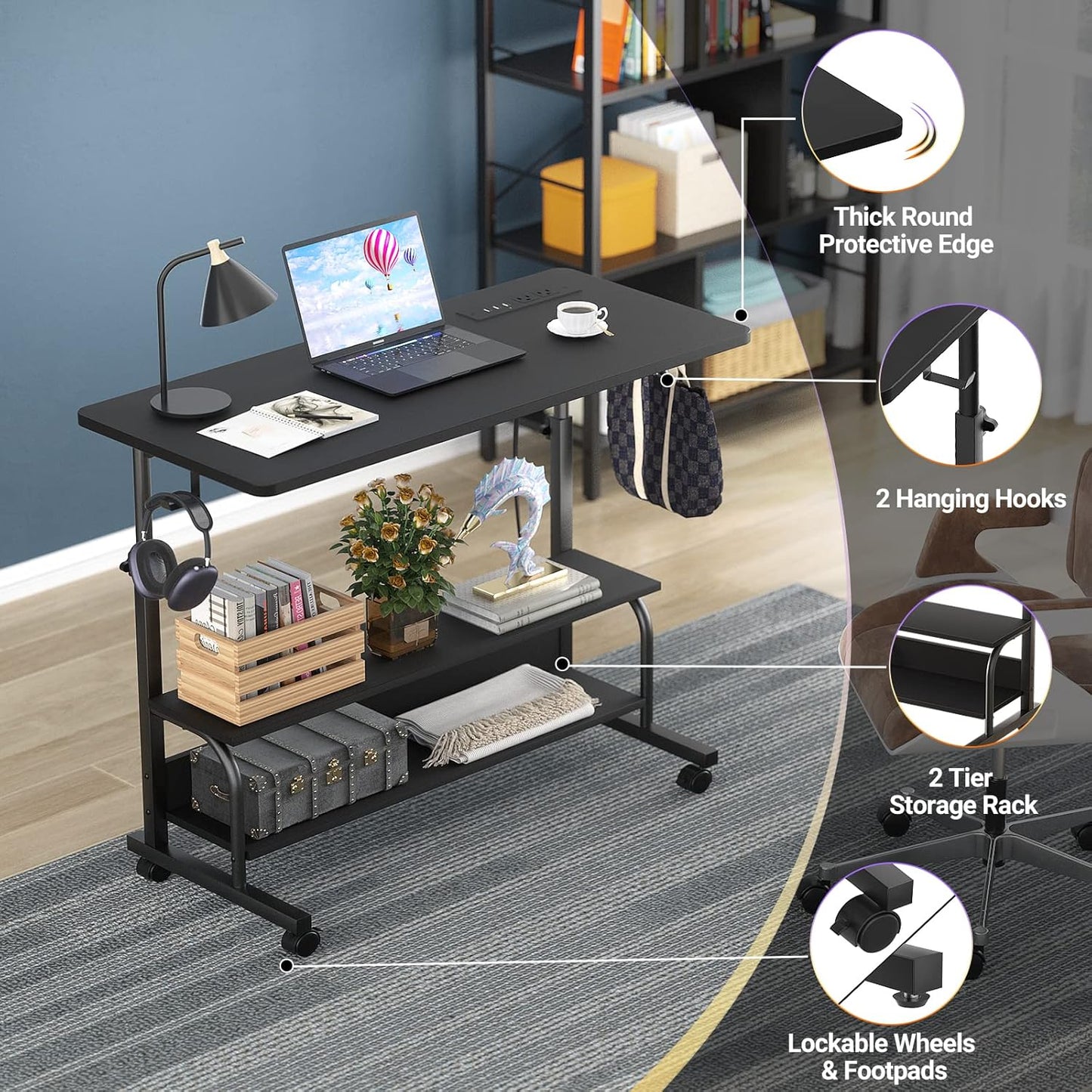 Armocity Rolling Standing Desk with Charging Station, Portable Height Adjustable Mobile Computer Desk with Wheels & 2-Tier Shelves & Hooks, Easy Assembly Laptop Table for Couch Bed, 32" Black