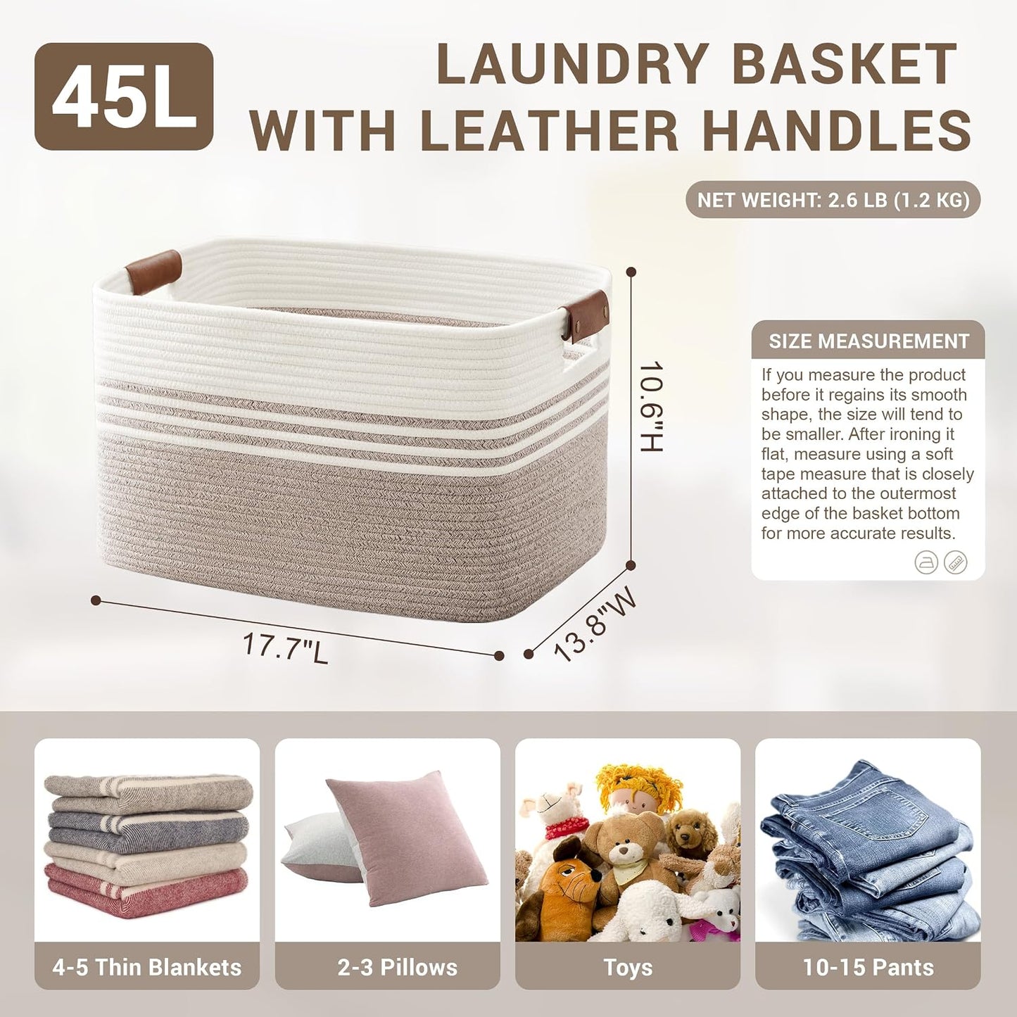 45L Small Woven Laundry Basket Hamper with Leather Handles,Brown