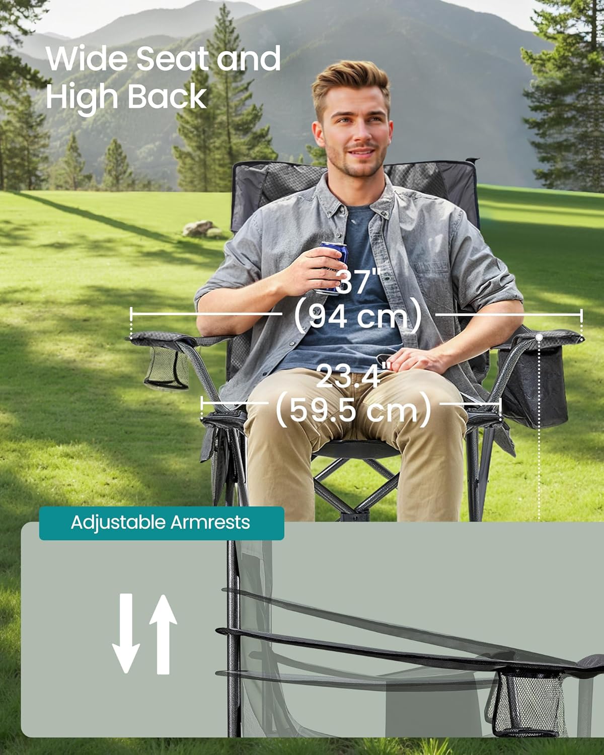 SONGMICS Camping Chair, Folding Oversized Chair, Comfortable and Heavy-Duty, 352 lb Weight Capacity, Adjustable Armrests with Cooler Bag, Storage Bag, Breathable Mesh, Slate Gray UGCB060G01