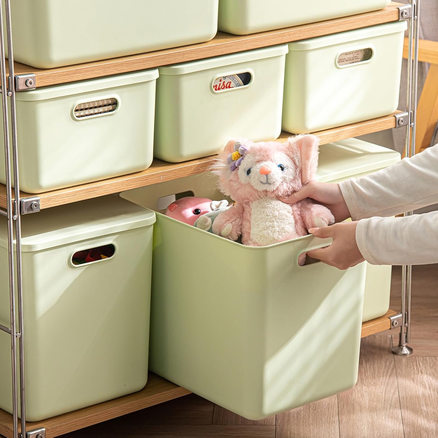 4 pack large plastic White storage bins with Lids, Toy Box Chest with Handle，Organizer Containers Baskets for Baby,Nursery，Shelves，Playroom, Bedroom，Office,Closet，home (Light Green, 4XL)