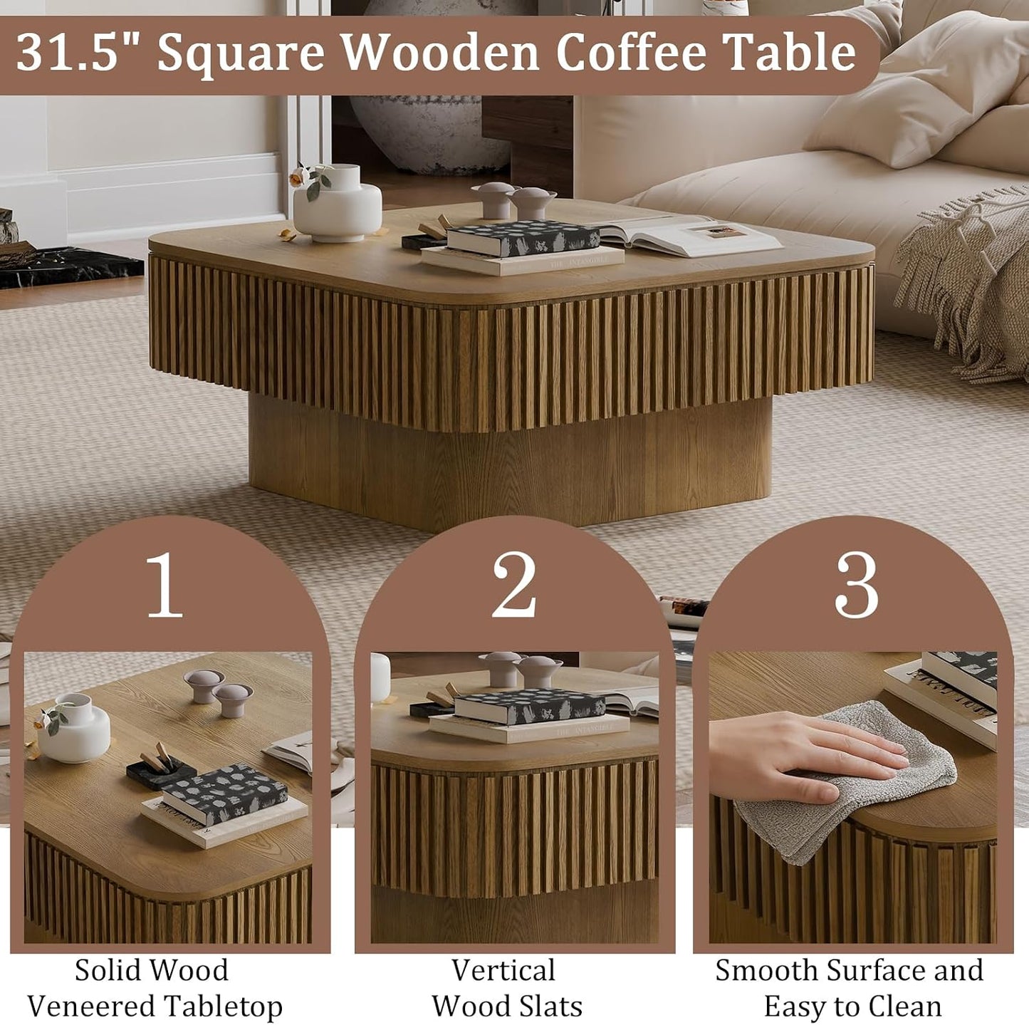 31.5" Square Coffee Table with Hidden Storage Compartment, Modern Handcraft Fluted Drum Coffee Table, Wooden Square Center Table Cocktail Tea Table with Sturdy Pedestal for Living Room, Brwon