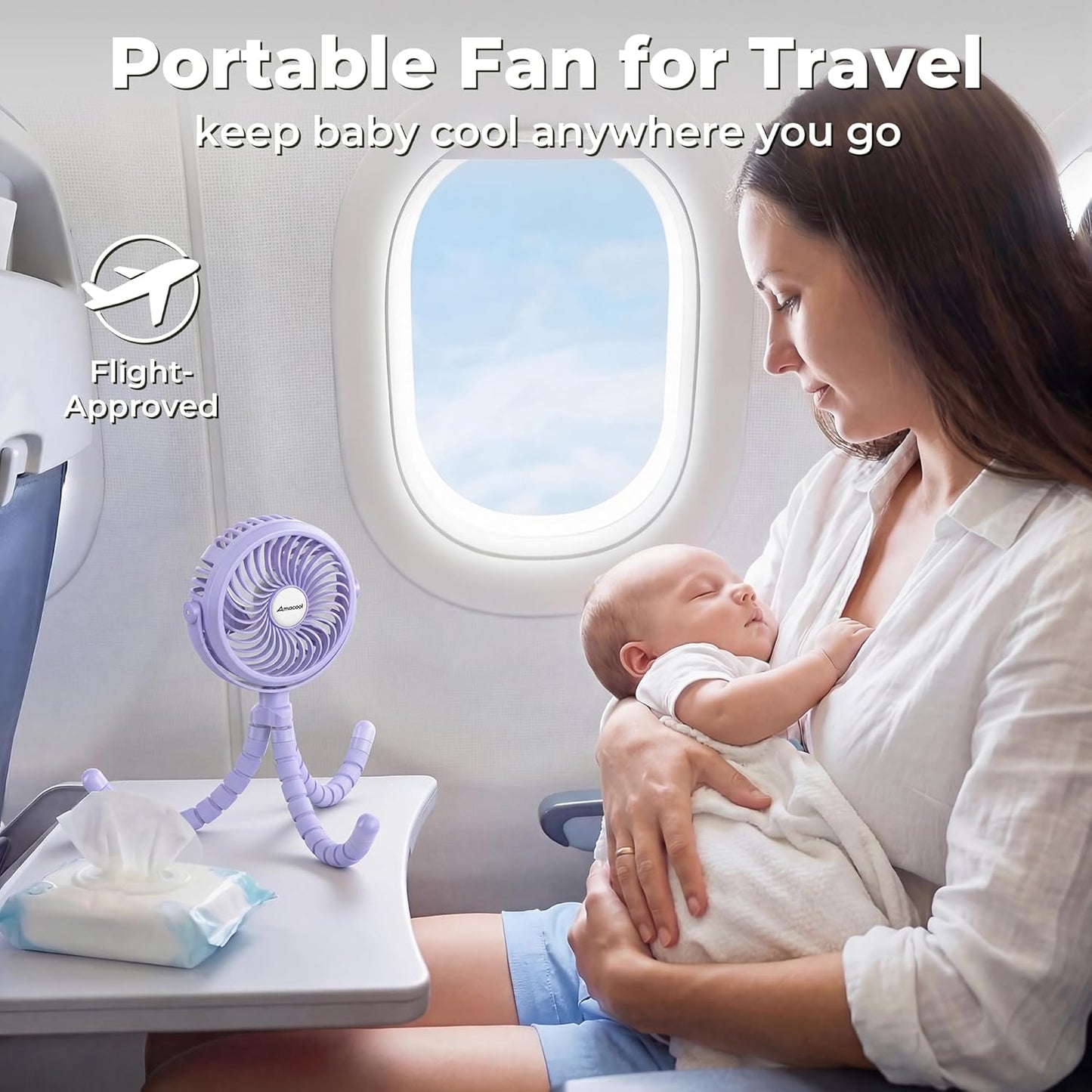 AMACOOL Battery Operated Stroller Fan, Baby Travel Essentials for Beach Disney, Newborn Boy & Girl Showers Gifts Registry Search, Rechargeable Clip On Fan for Car Seat Wagon Crib Bike Treadmill