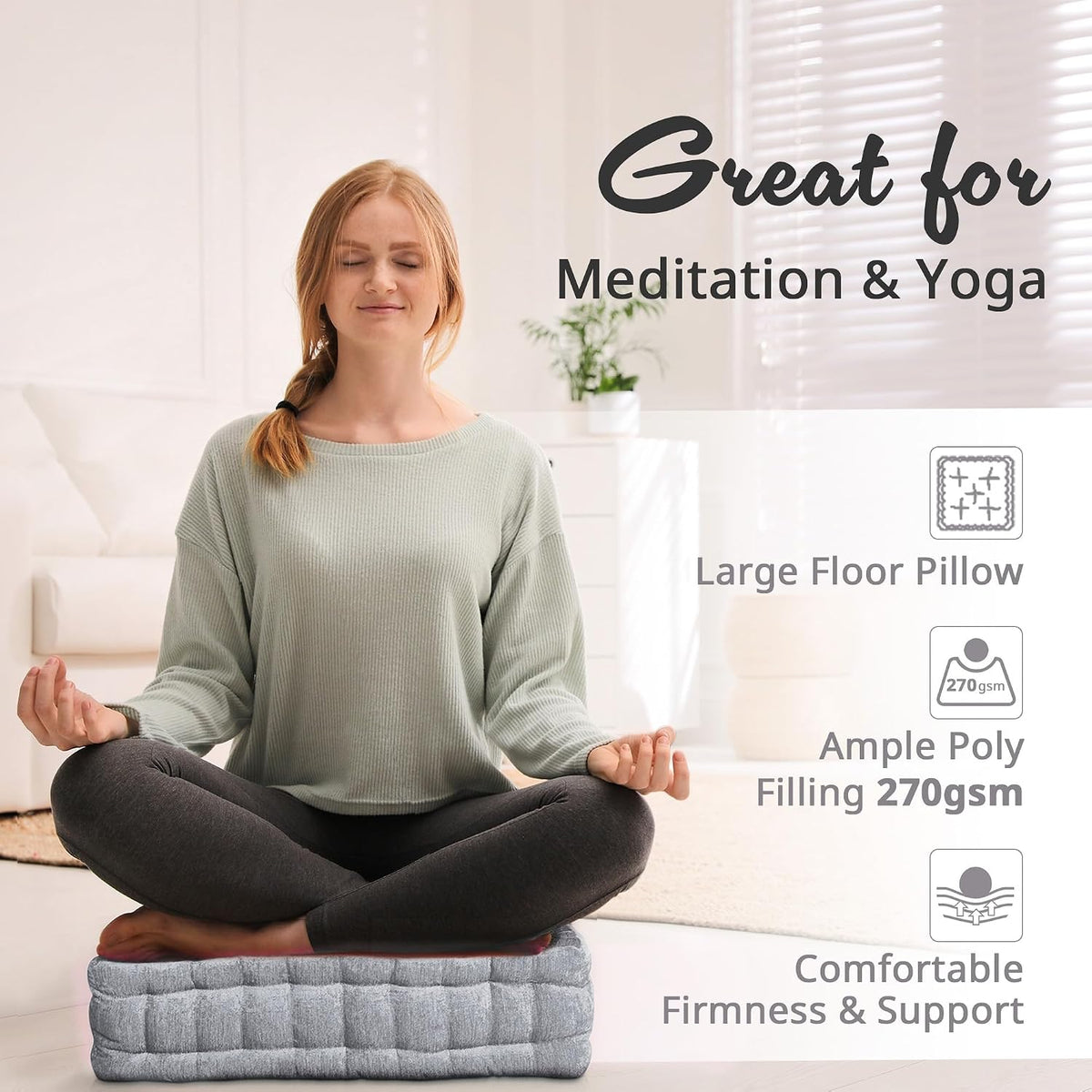 Intelligent Design Floor Pillow, Large Cushion for Meditation, 20x20 Grey