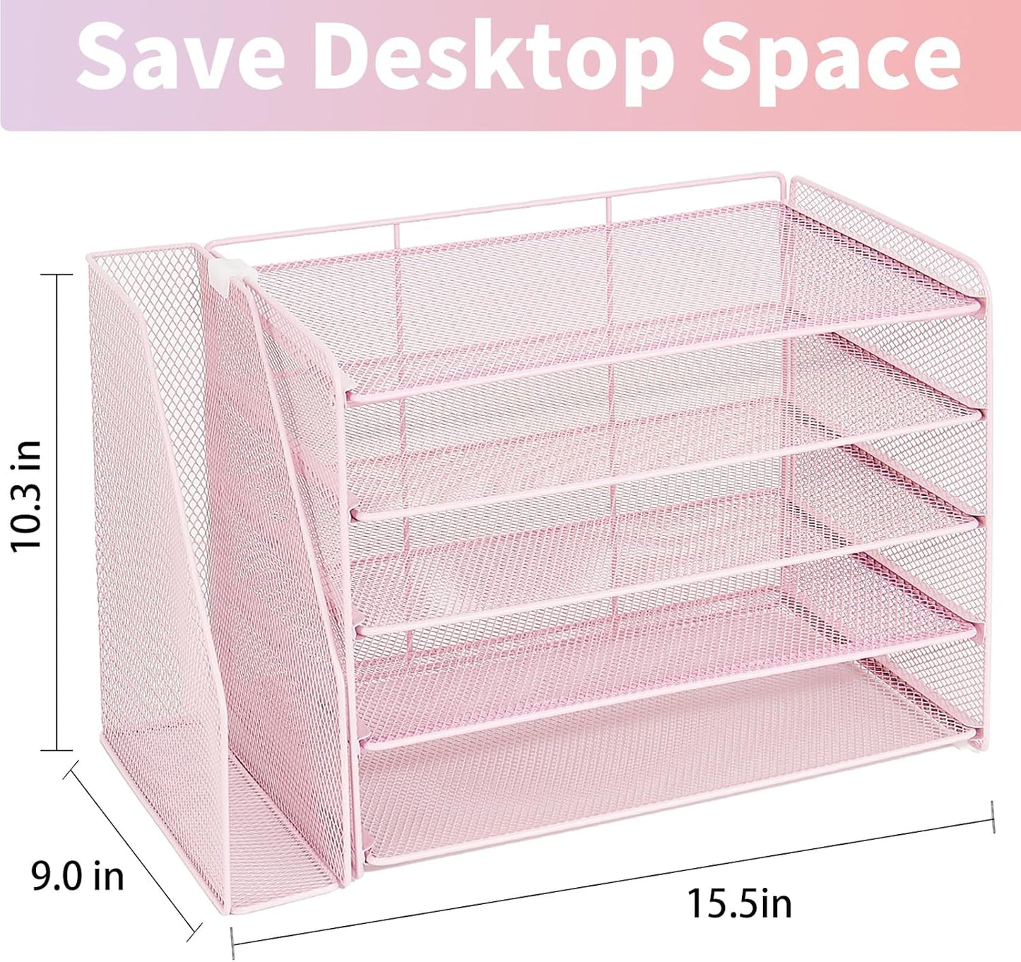 OPNICE Desk Organizer, 5-Tier Paper Organizer Letter Tray with Magazine Holder, Office Desk Accessories & Workspace Organizers, Desktop File Organizer for Office Supplies Storage, Pink