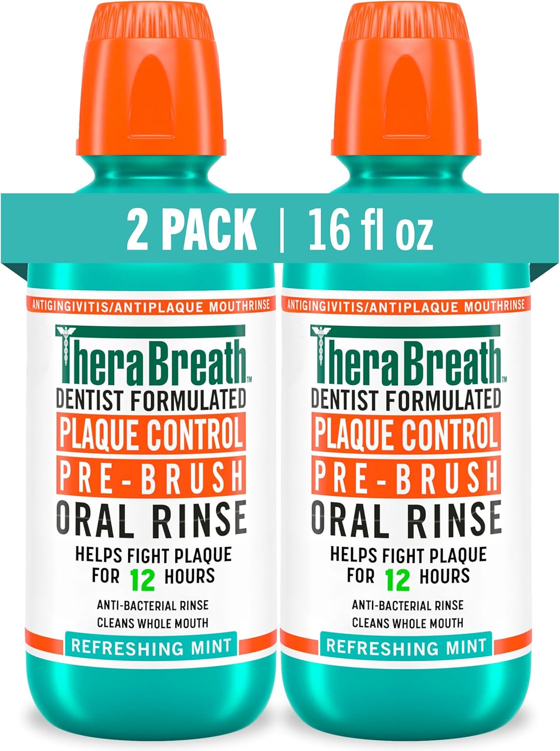 TheraBreath Plaque Control Pre-Brush Oral Rinse, Refreshing Mint Flavor, Antigingivitis and Antiplaque Rinse, Dentist Formulated, Alcohol Free, 16 Fl Oz (Pack of 2)