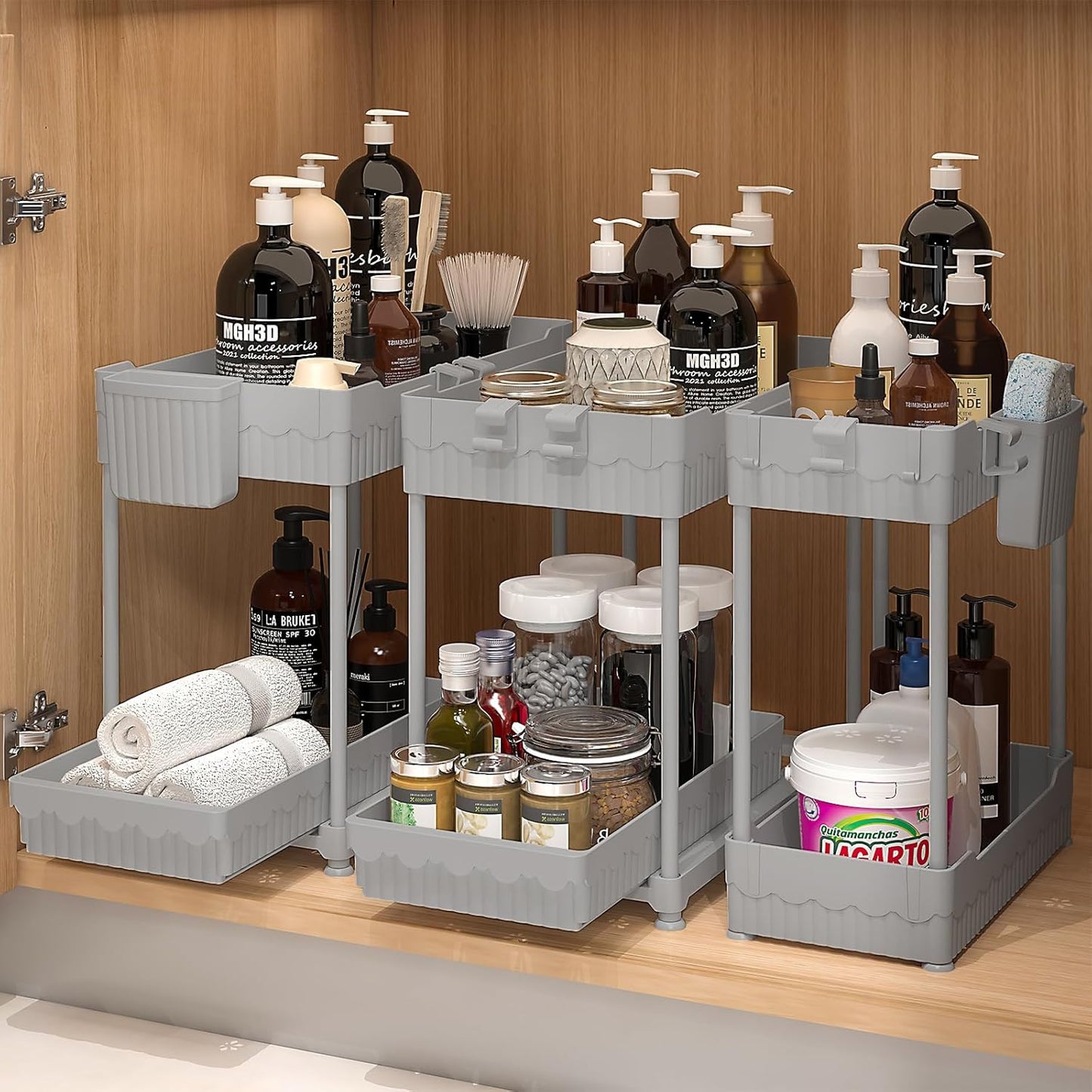 Sevenblue 3 Pack Under Sink Organizers,2-Tier Multi-Use Kitchen and Bathroom Organizers and Storage with Sliding Drawers,Bathroom Cabinet Organizer (Black, 12.8 Inch)